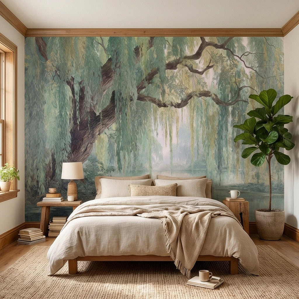 Watercolor Weeping Willow Peel and Stick Wall Mural, Misty Lake Landscape, Soft Green Tree Branches, Calm Nature Water Scene Wallpaper