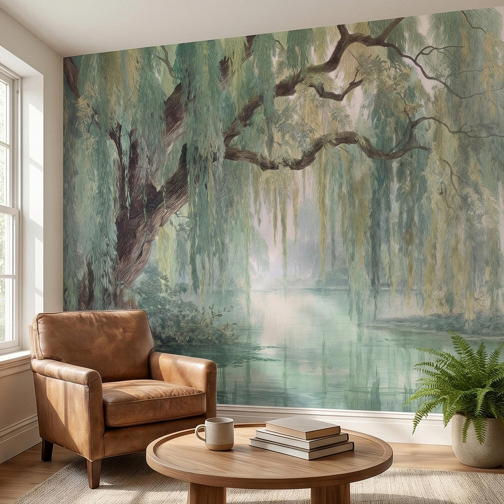 Watercolor Weeping Willow Peel and Stick Wall Mural, Misty Lake Landscape, Soft Green Tree Branches, Calm Nature Water Scene Wallpaper