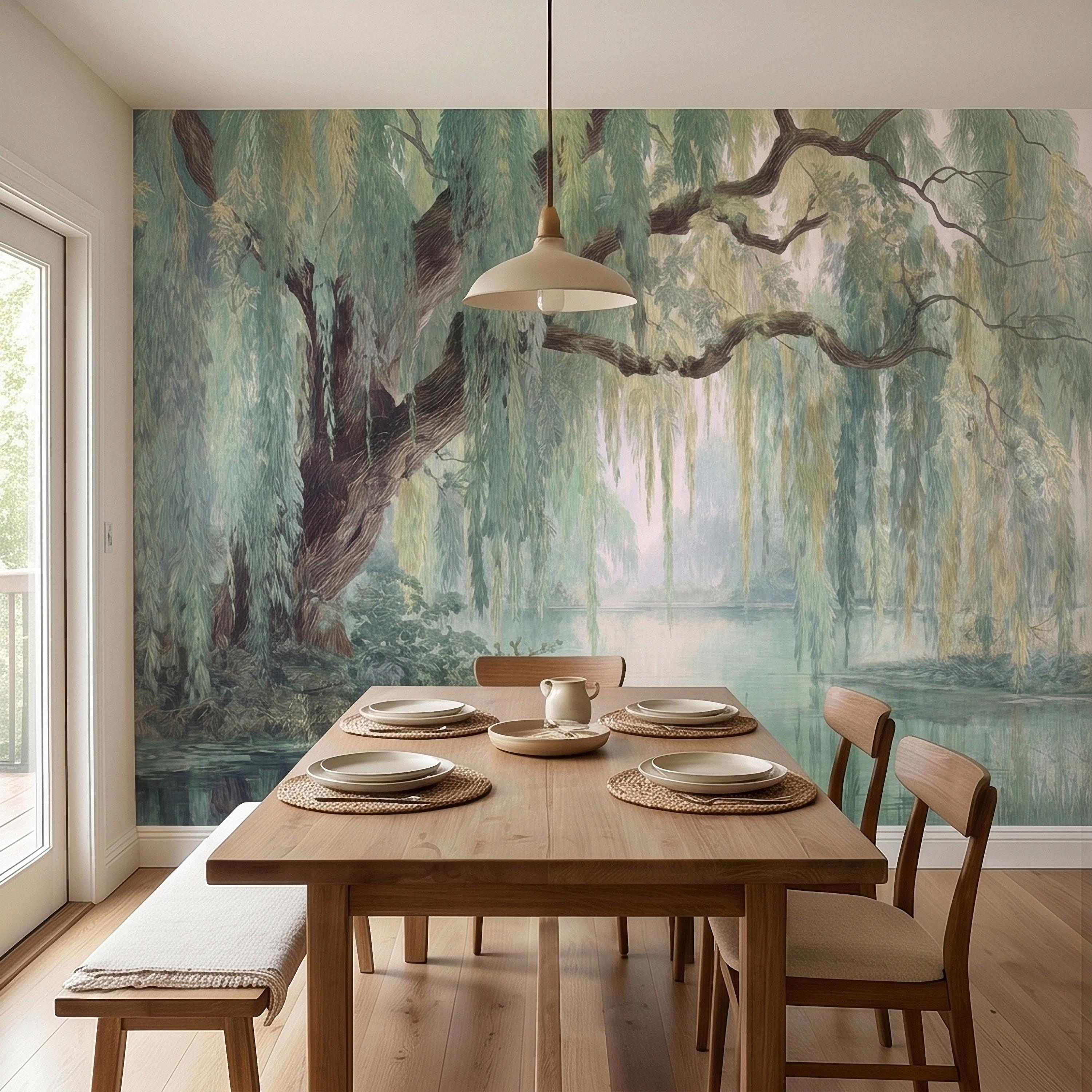 Watercolor Weeping Willow Peel and Stick Wall Mural, Misty Lake Landscape, Soft Green Tree Branches, Calm Nature Water Scene Wallpaper