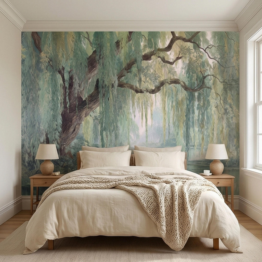 Watercolor Weeping Willow Peel and Stick Wall Mural, Misty Lake Landscape, Soft Green Tree Branches, Calm Nature Water Scene Wallpaper