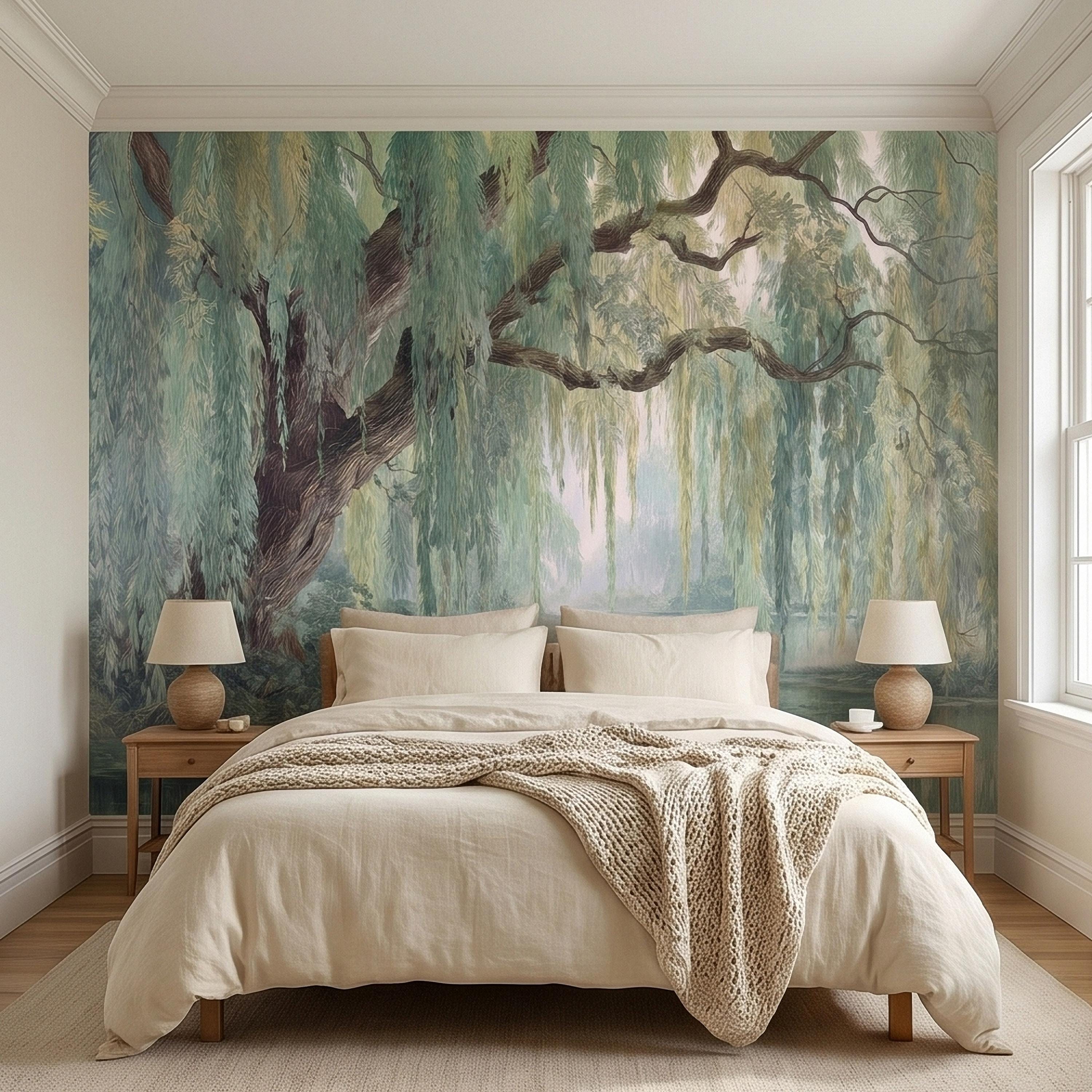 Watercolor Weeping Willow Peel and Stick Wall Mural, Misty Lake Landscape, Soft Green Tree Branches, Calm Nature Water Scene Wallpaper