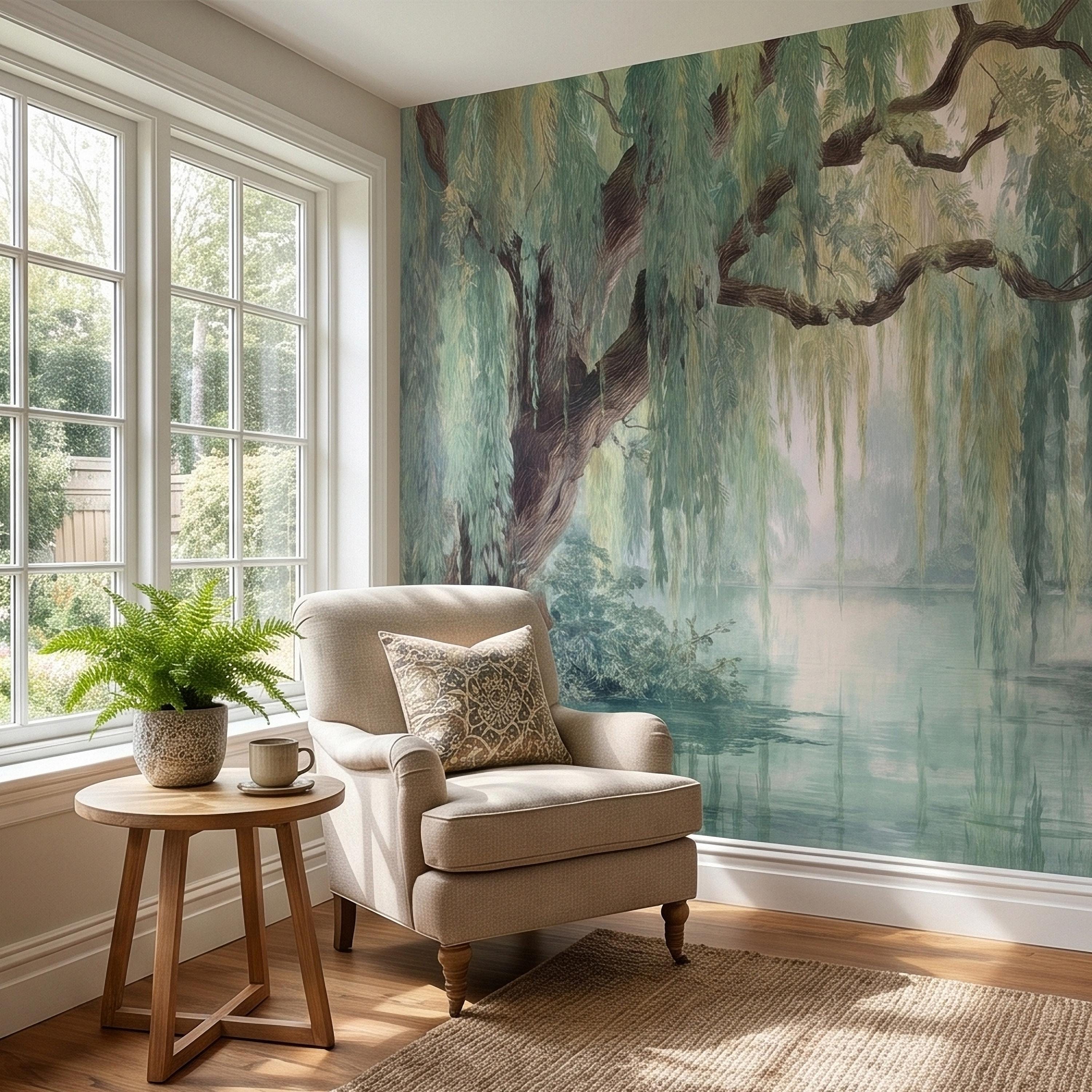 Watercolor Weeping Willow Peel and Stick Wall Mural, Misty Lake Landscape, Soft Green Tree Branches, Calm Nature Water Scene Wallpaper