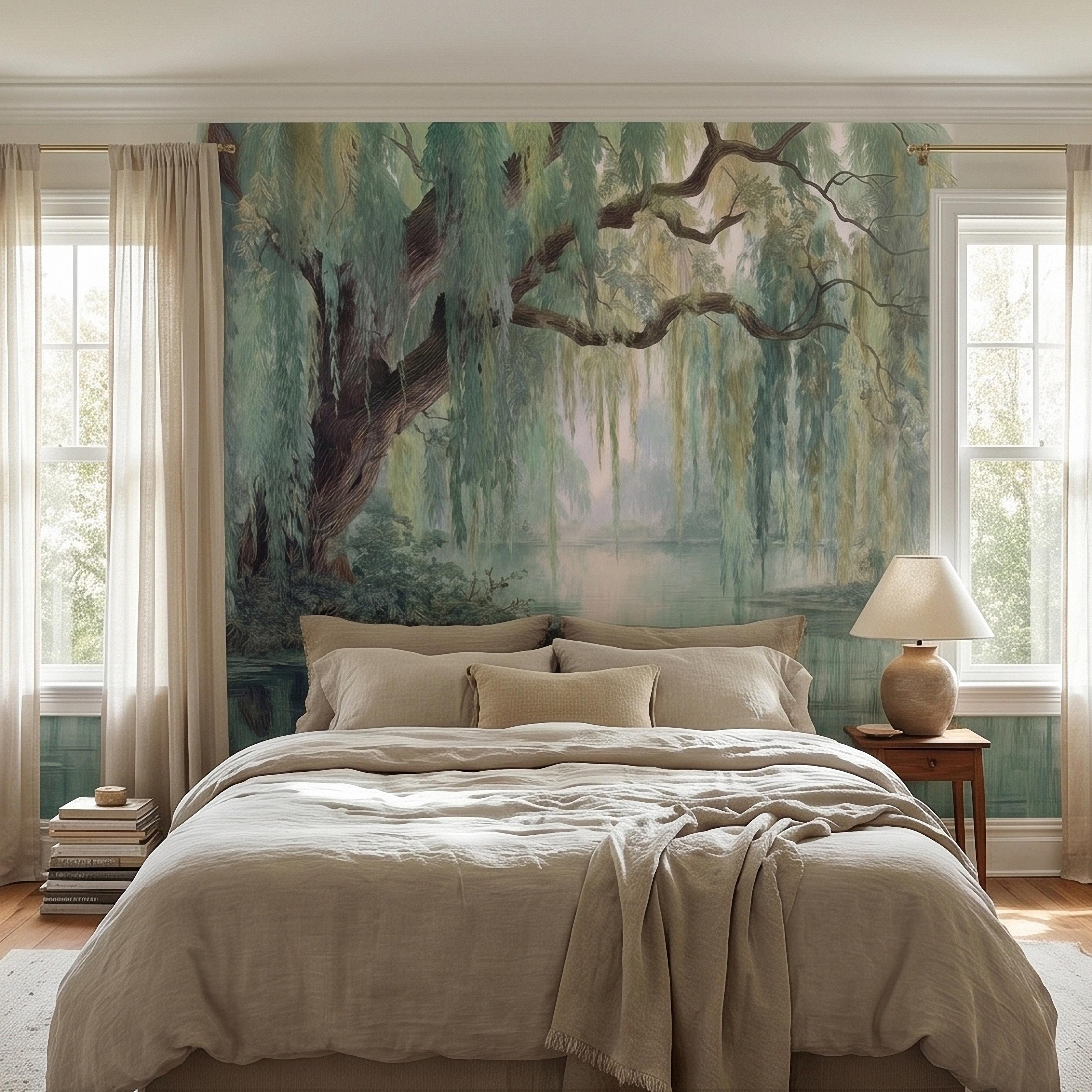 Watercolor Weeping Willow Peel and Stick Wall Mural, Misty Lake Landscape, Soft Green Tree Branches, Calm Nature Water Scene Wallpaper