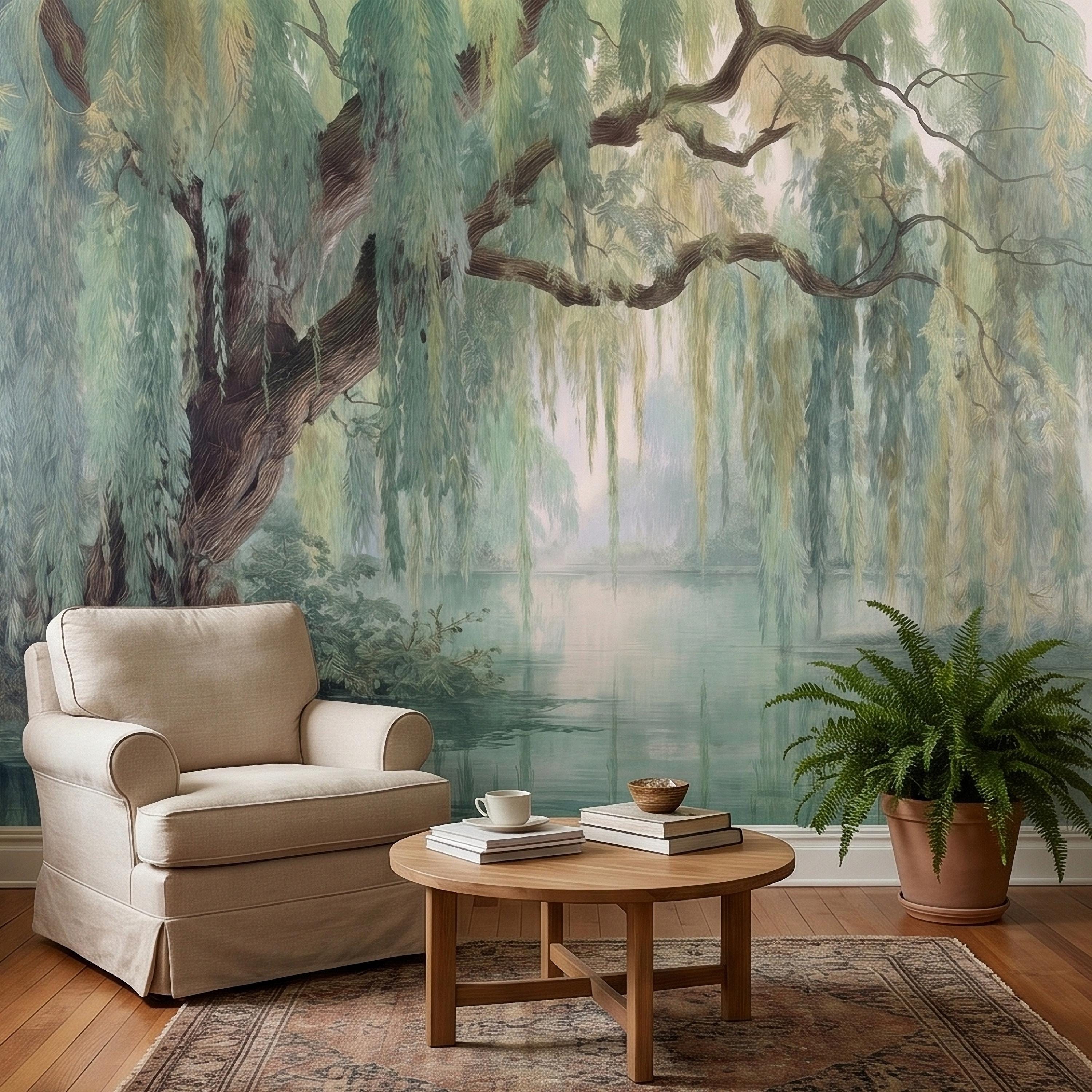 Watercolor Weeping Willow Peel and Stick Wall Mural, Misty Lake Landscape, Soft Green Tree Branches, Calm Nature Water Scene Wallpaper