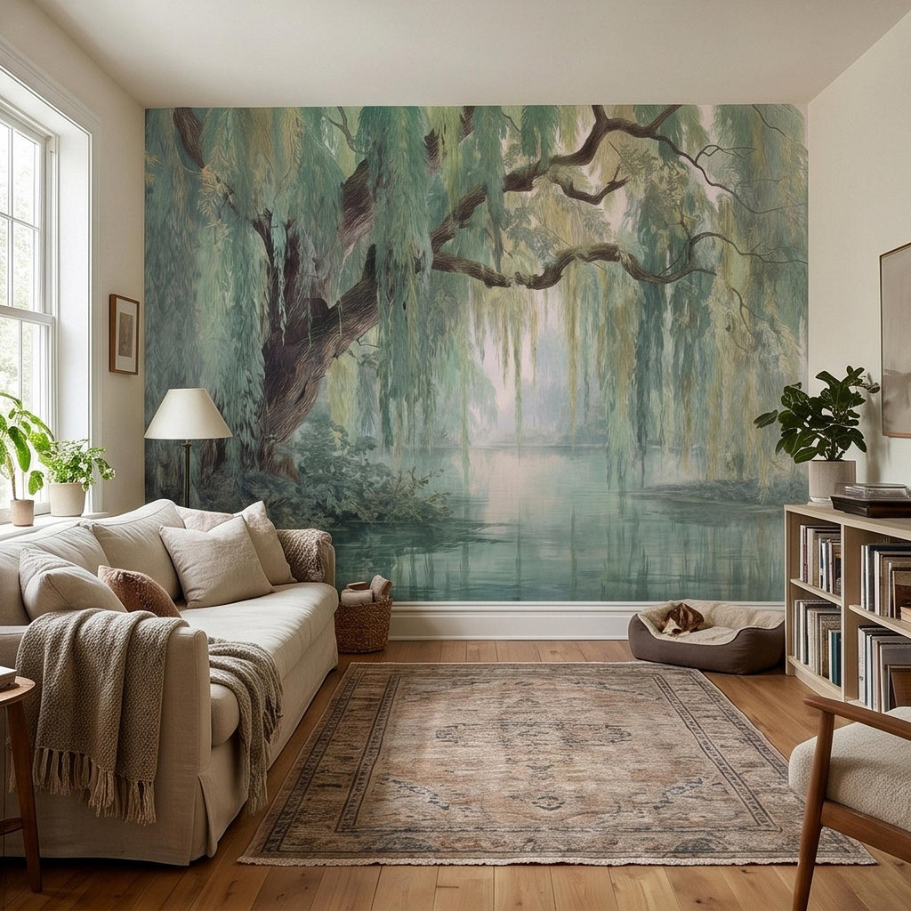 Watercolor Weeping Willow Peel and Stick Wall Mural, Misty Lake Landscape, Soft Green Tree Branches, Calm Nature Water Scene Wallpaper