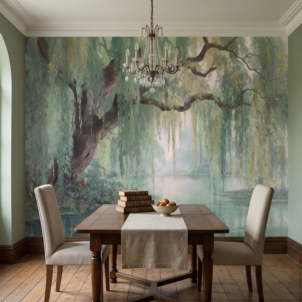 Watercolor Weeping Willow Peel and Stick Wall Mural, Misty Lake Landscape, Soft Green Tree Branches, Calm Nature Water Scene Wallpaper