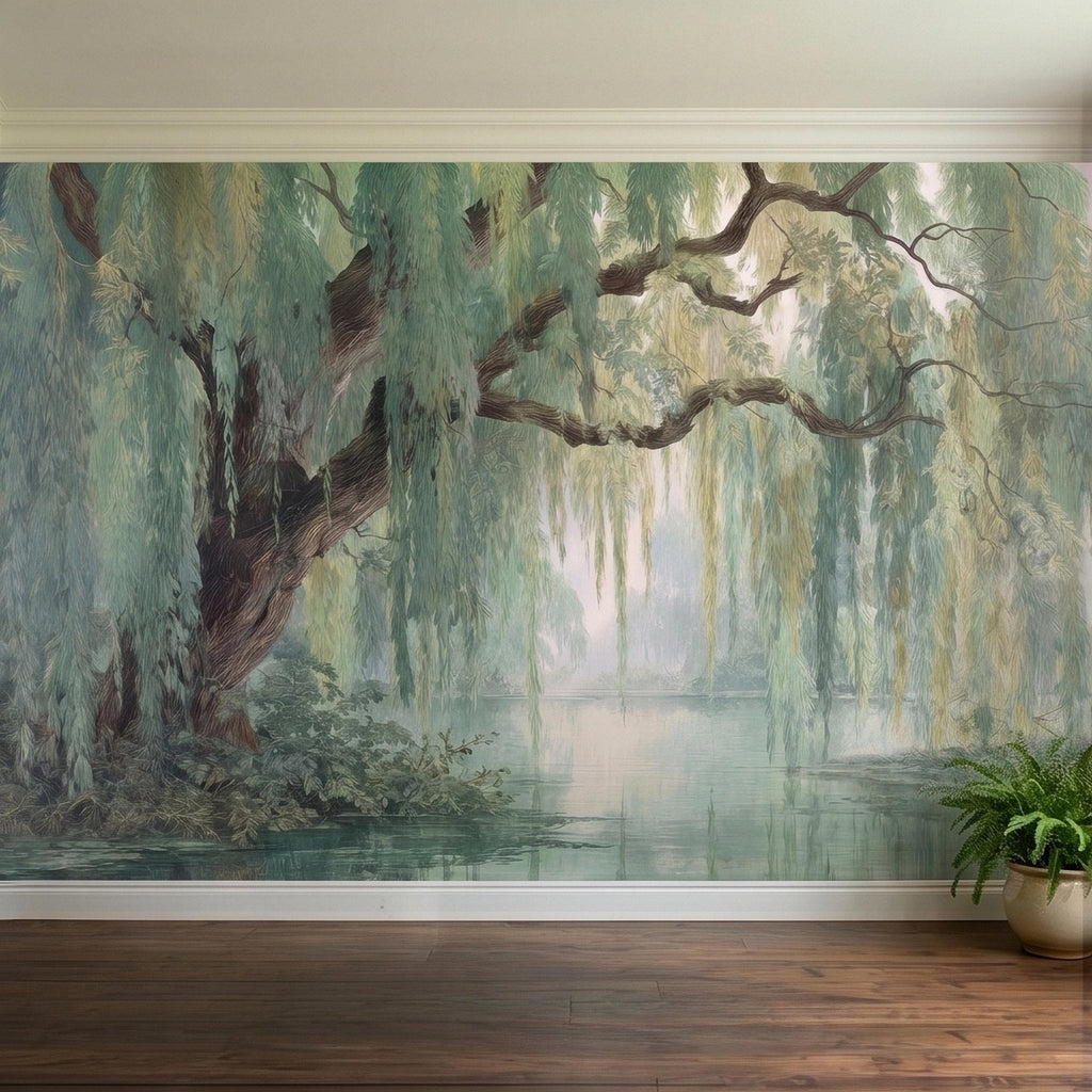 Watercolor Weeping Willow Peel and Stick Wall Mural, Misty Lake Landscape, Soft Green Tree Branches, Calm Nature Water Scene Wallpaper