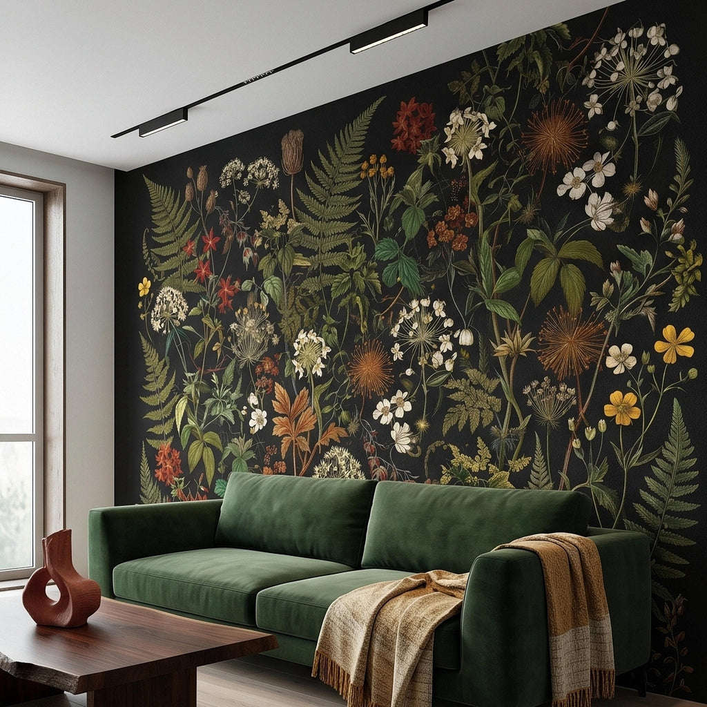 Dark Botanical Wildflower Peel and Stick Wall Mural Vintage Herbarium Ferns and Field Flowers on Black Night Garden Cottage Floral Wallpaper