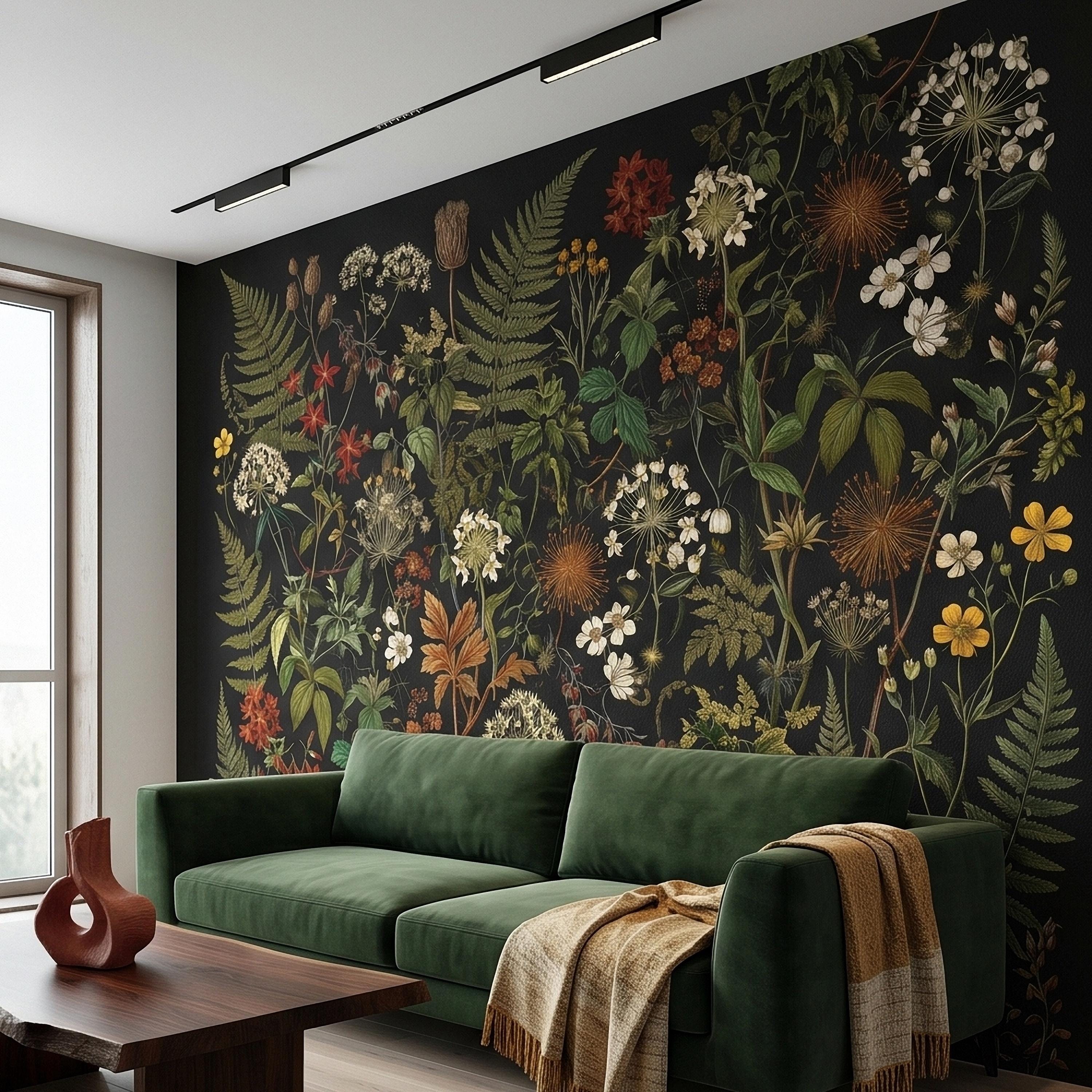 Dark Botanical Wildflower Peel and Stick Wall Mural Vintage Herbarium Ferns and Field Flowers on Black Night Garden Cottage Floral Wallpaper
