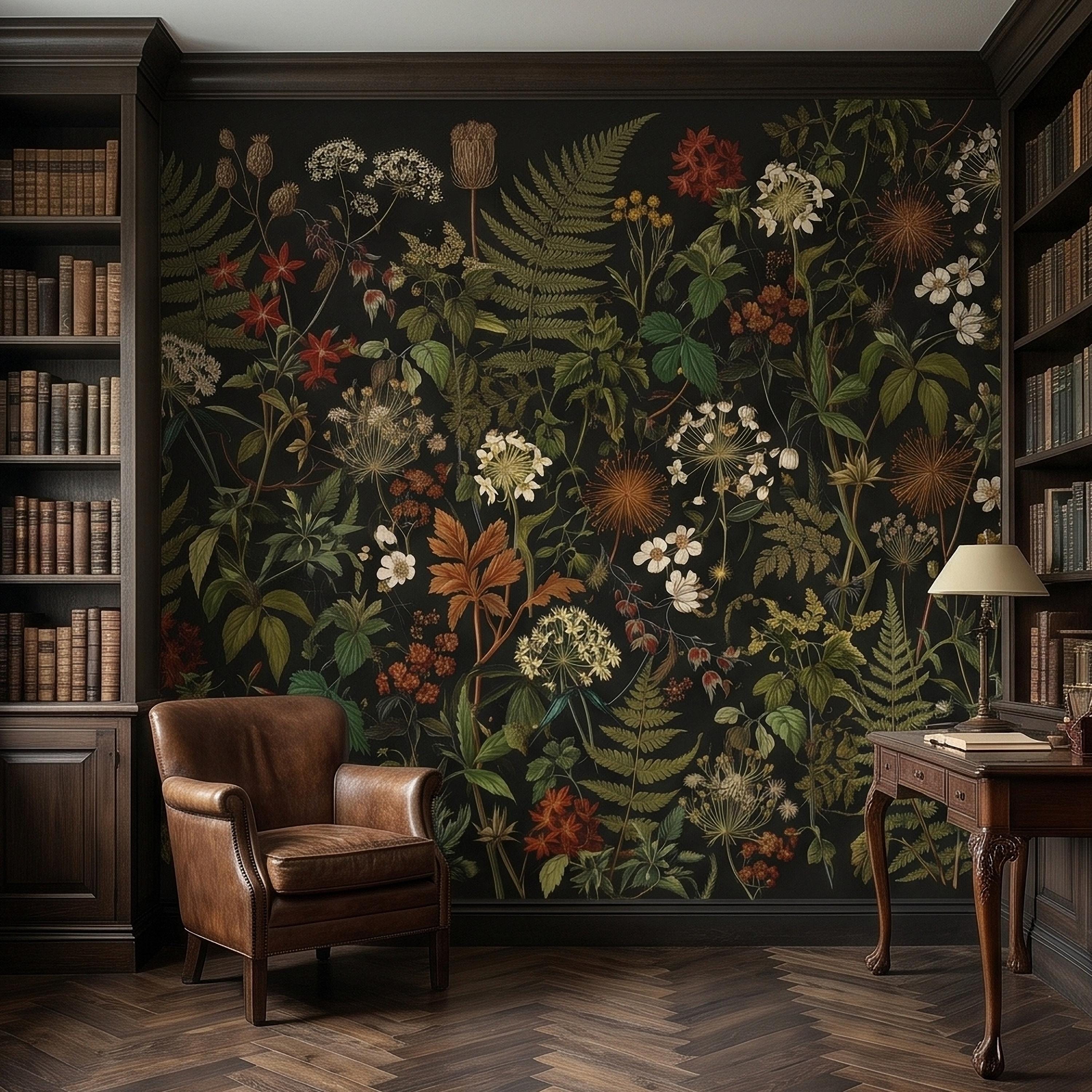 Dark Botanical Wildflower Peel and Stick Wall Mural Vintage Herbarium Ferns and Field Flowers on Black Night Garden Cottage Floral Wallpaper