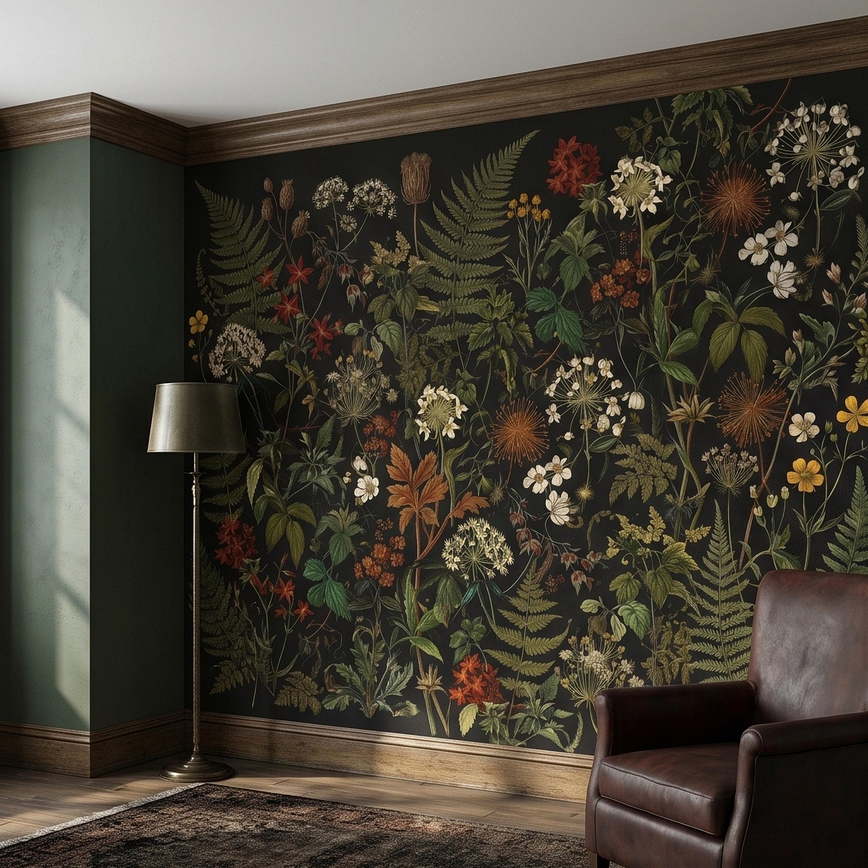 Dark Botanical Wildflower Peel and Stick Wall Mural Vintage Herbarium Ferns and Field Flowers on Black Night Garden Cottage Floral Wallpaper
