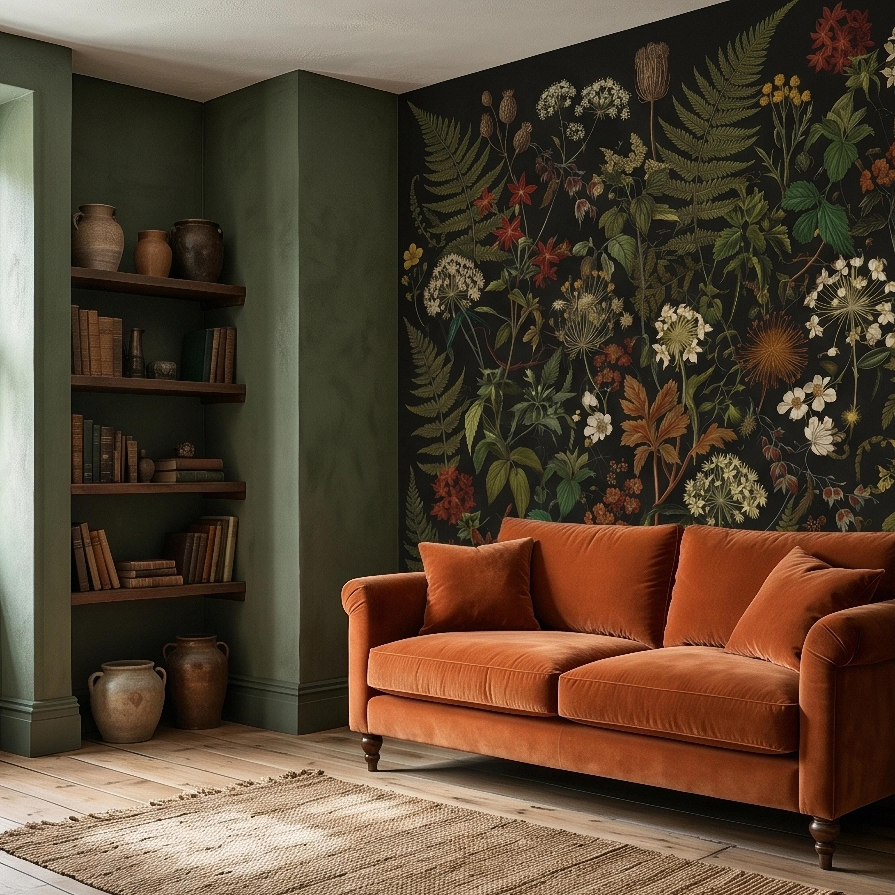 Dark Botanical Wildflower Peel and Stick Wall Mural Vintage Herbarium Ferns and Field Flowers on Black Night Garden Cottage Floral Wallpaper
