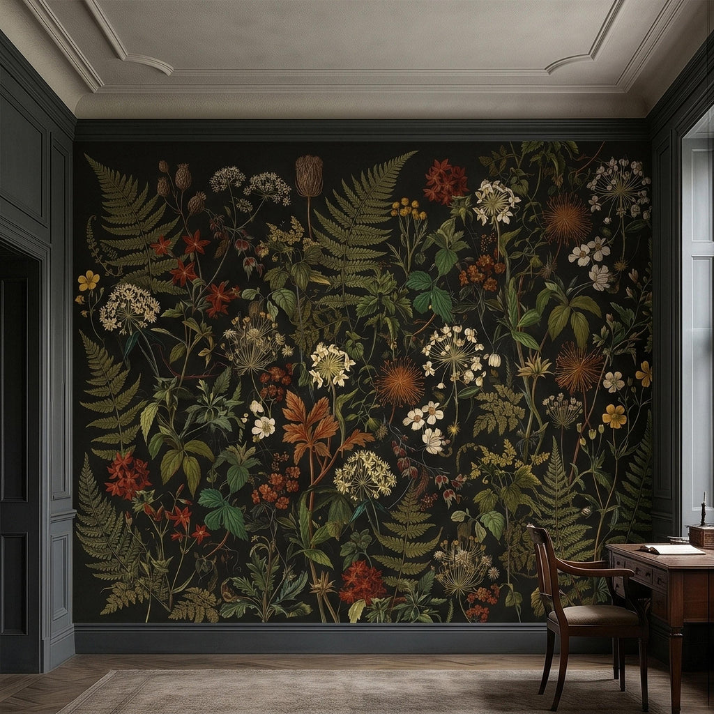 Dark Botanical Wildflower Peel and Stick Wall Mural Vintage Herbarium Ferns and Field Flowers on Black Night Garden Cottage Floral Wallpaper