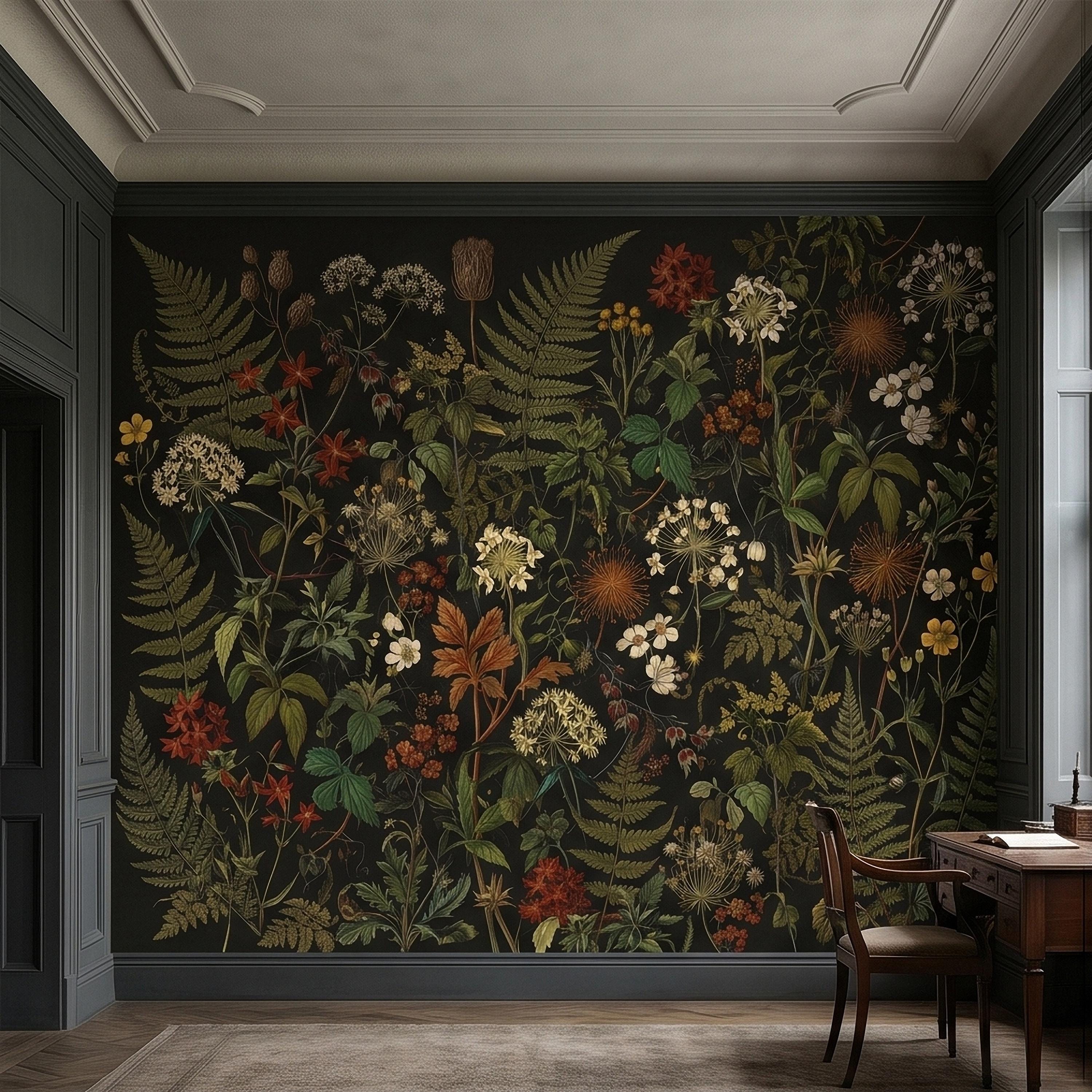 Dark Botanical Wildflower Peel and Stick Wall Mural Vintage Herbarium Ferns and Field Flowers on Black Night Garden Cottage Floral Wallpaper