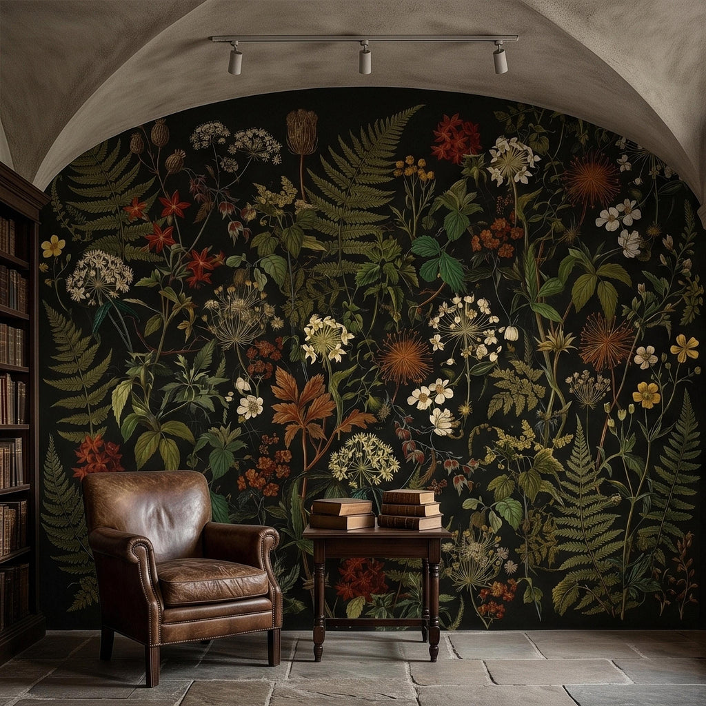 Dark Botanical Wildflower Peel and Stick Wall Mural Vintage Herbarium Ferns and Field Flowers on Black Night Garden Cottage Floral Wallpaper