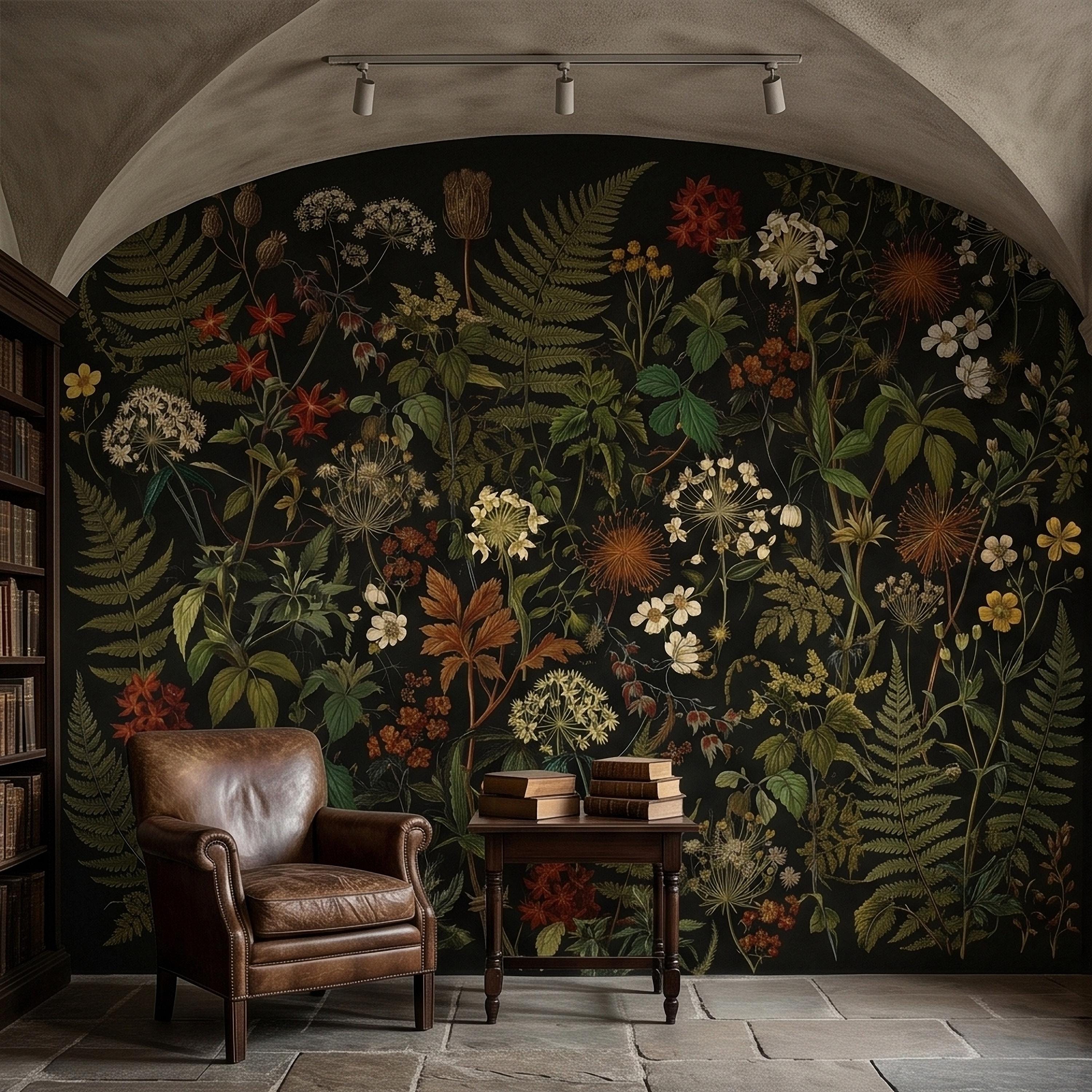 Dark Botanical Wildflower Peel and Stick Wall Mural Vintage Herbarium Ferns and Field Flowers on Black Night Garden Cottage Floral Wallpaper