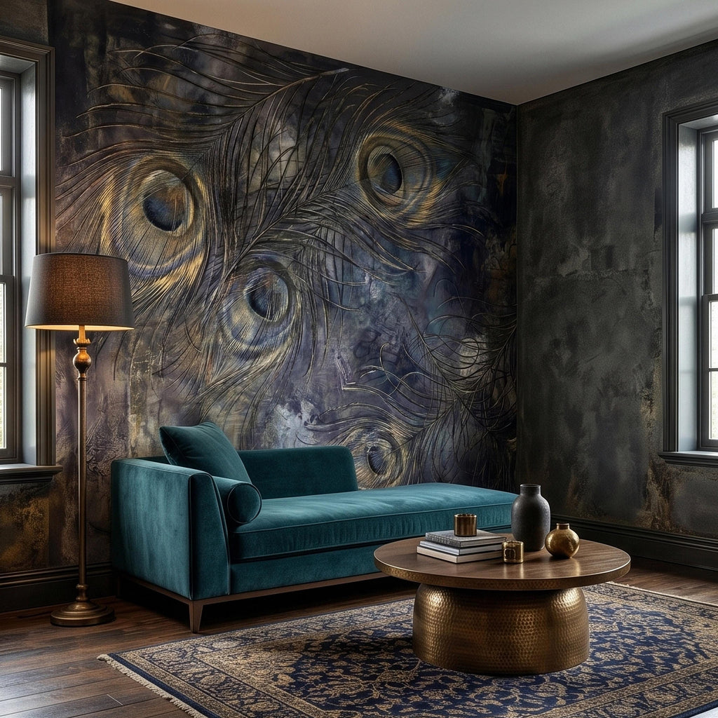 Peacock Feather Peel and Stick Wall Mural, Dark Moody Blue Gray Abstract Painterly Texture, Gilded Gold Feathers, Glam Art Deco Wallpaper