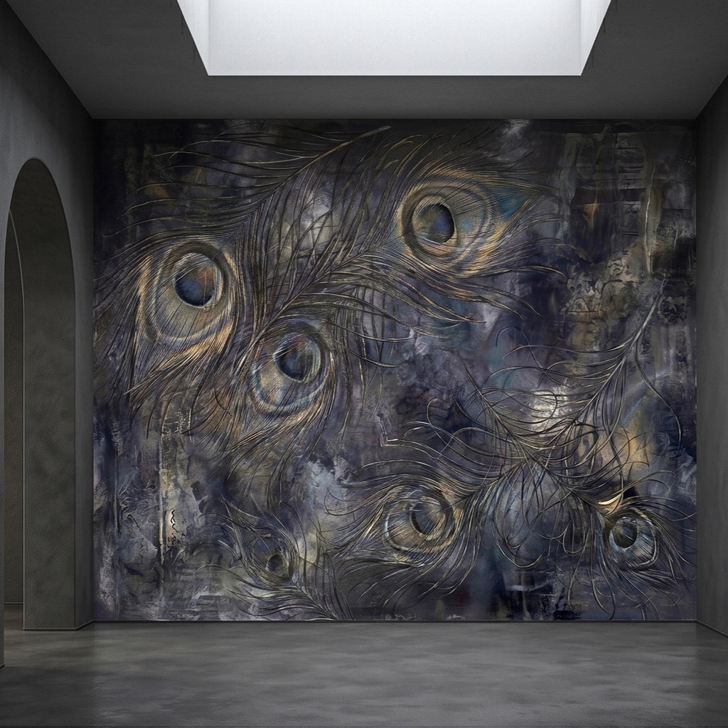 Peacock Feather Peel and Stick Wall Mural, Dark Moody Blue Gray Abstract Painterly Texture, Gilded Gold Feathers, Glam Art Deco Wallpaper