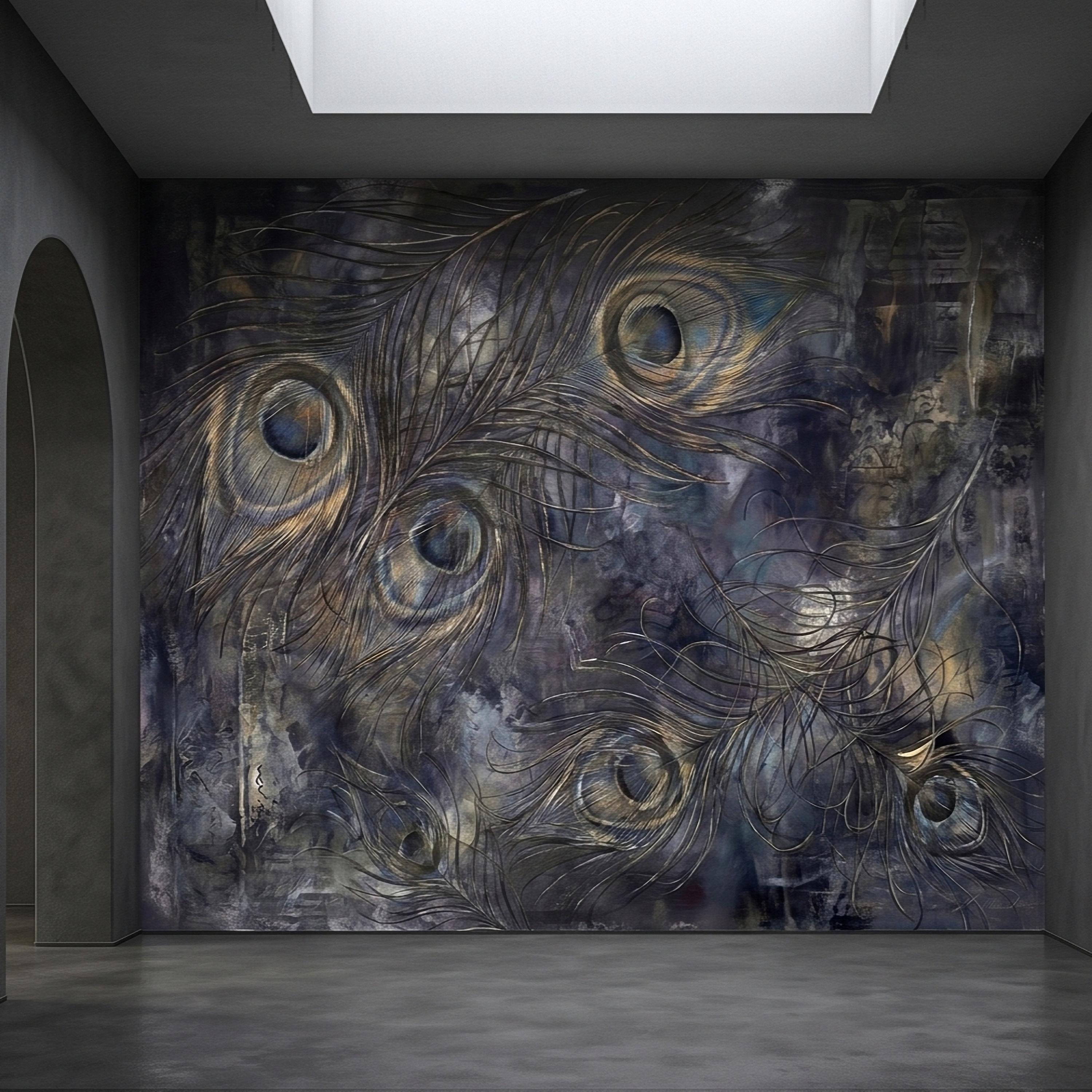 Peacock Feather Peel and Stick Wall Mural, Dark Moody Blue Gray Abstract Painterly Texture, Gilded Gold Feathers, Glam Art Deco Wallpaper