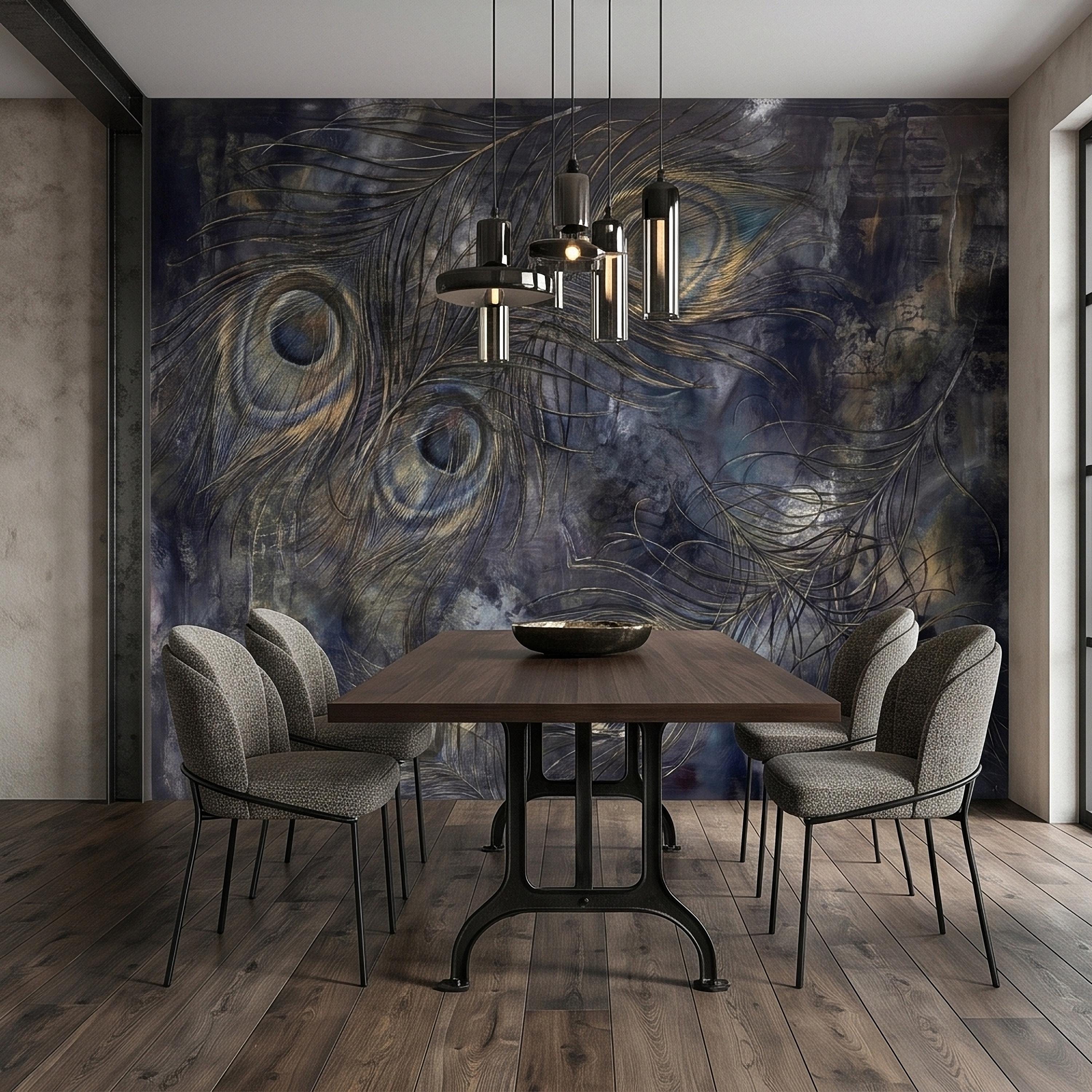 Peacock Feather Peel and Stick Wall Mural, Dark Moody Blue Gray Abstract Painterly Texture, Gilded Gold Feathers, Glam Art Deco Wallpaper