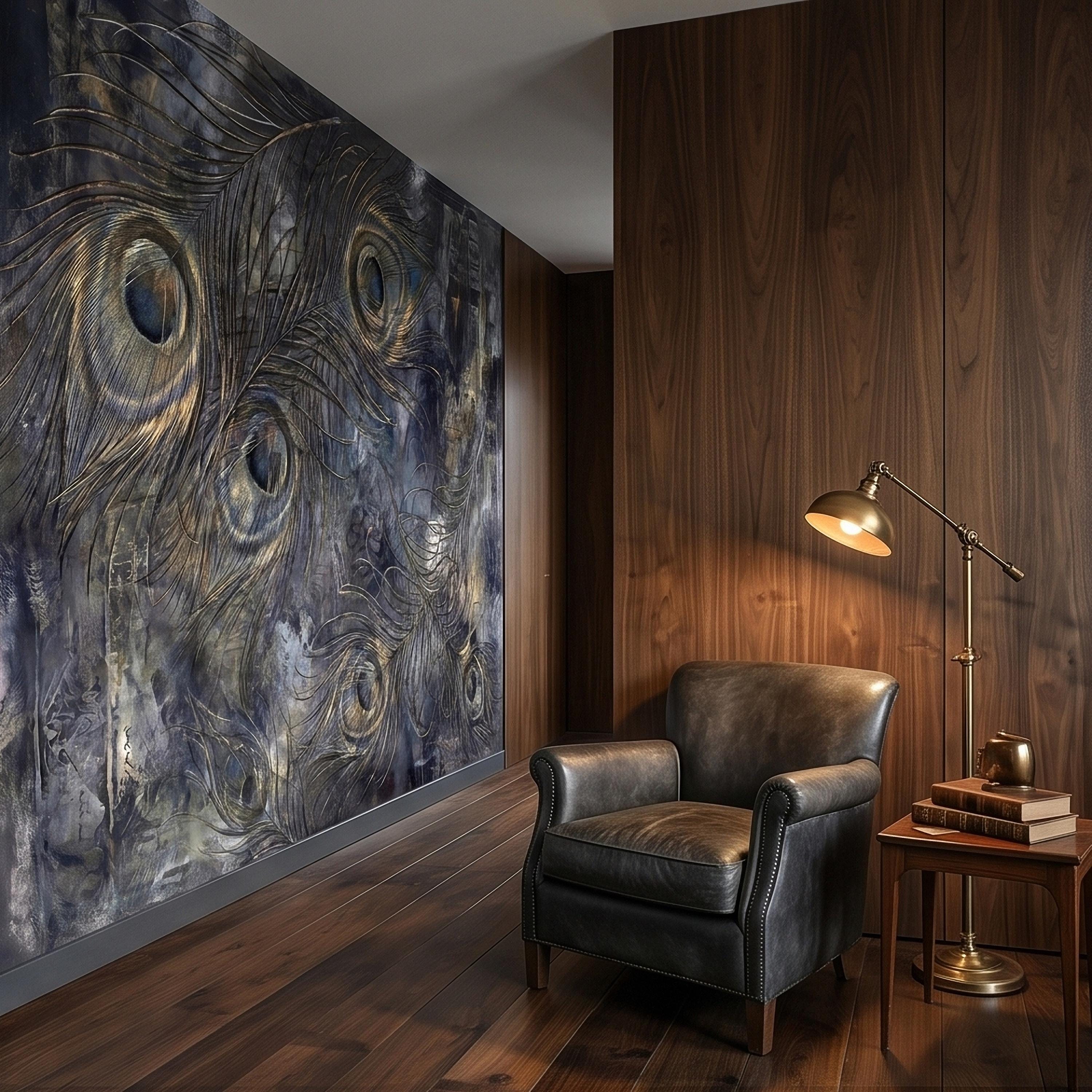 Peacock Feather Peel and Stick Wall Mural, Dark Moody Blue Gray Abstract Painterly Texture, Gilded Gold Feathers, Glam Art Deco Wallpaper