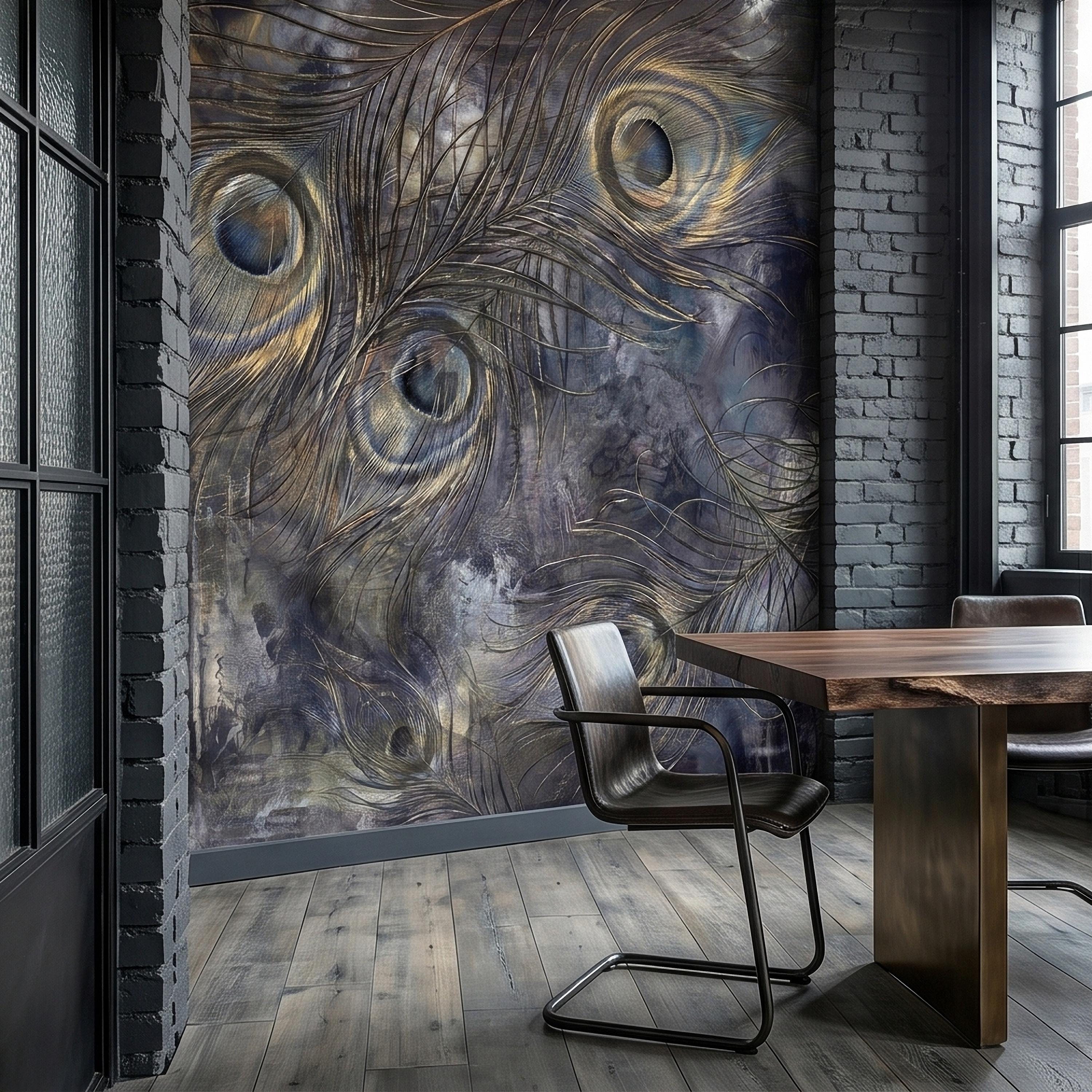 Peacock Feather Peel and Stick Wall Mural, Dark Moody Blue Gray Abstract Painterly Texture, Gilded Gold Feathers, Glam Art Deco Wallpaper