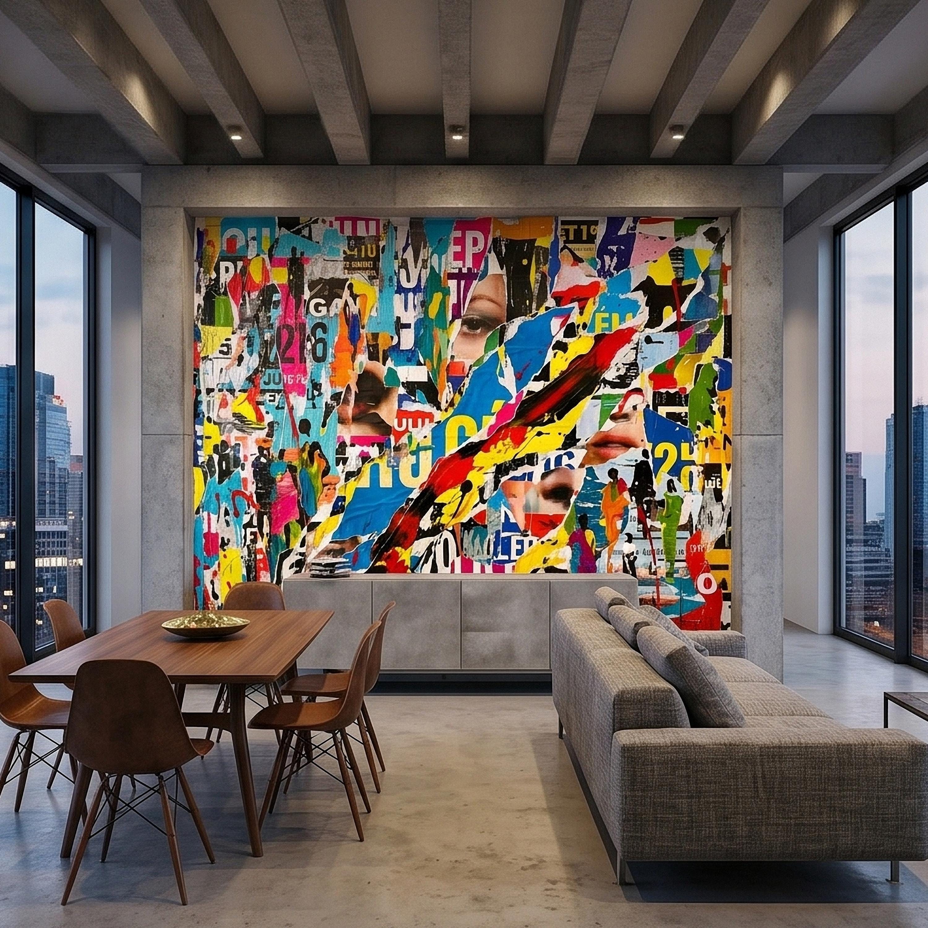 Street Art Torn Poster Collage Peel and Stick Wall Mural, Colorful Ripped Paper Pop Art Faces and Graffiti Layers, Urban Statement Wallpaper