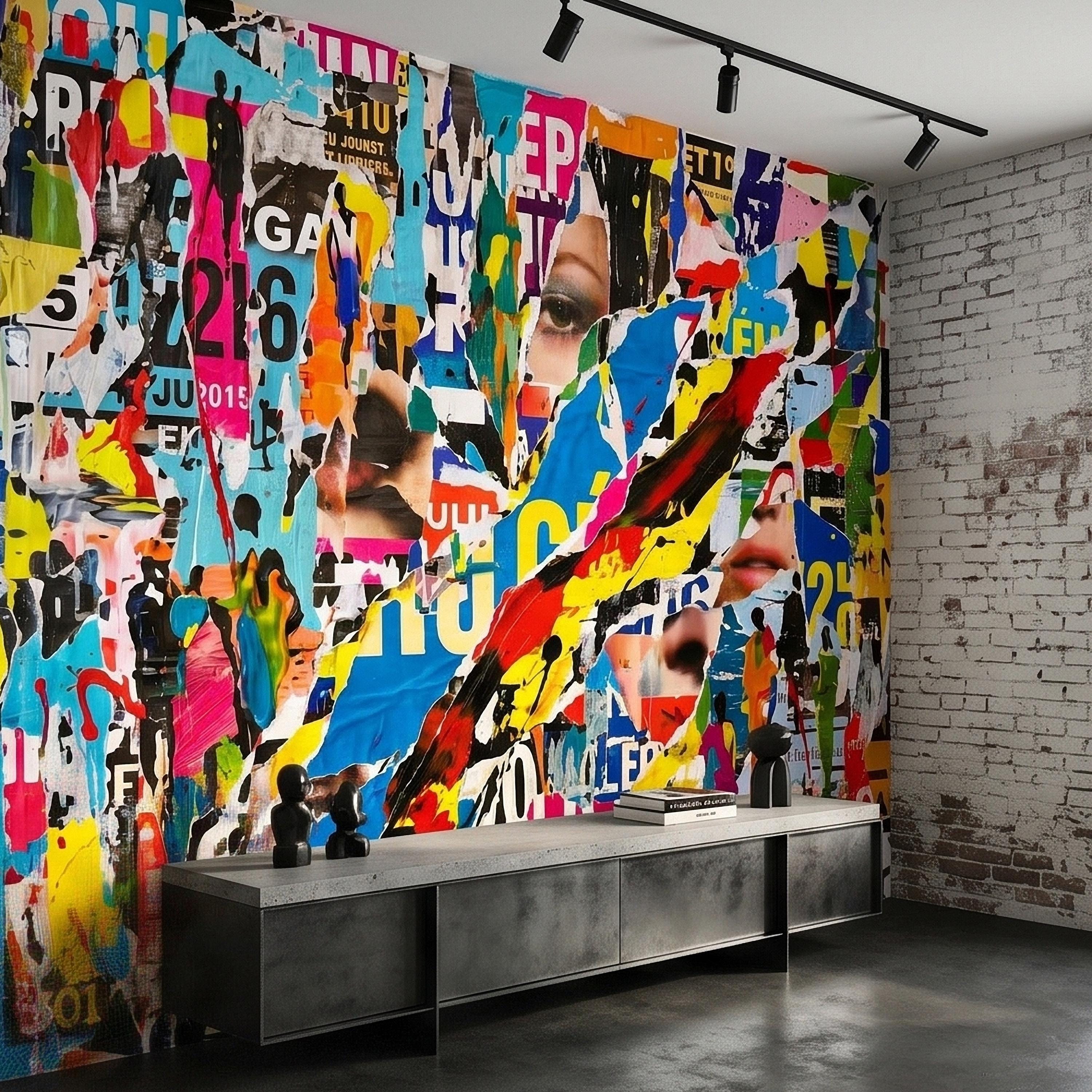 Street Art Torn Poster Collage Peel and Stick Wall Mural, Colorful Ripped Paper Pop Art Faces and Graffiti Layers, Urban Statement Wallpaper