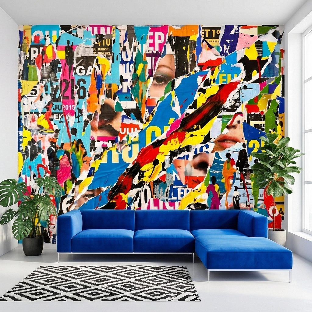 Street Art Torn Poster Collage Peel and Stick Wall Mural, Colorful Ripped Paper Pop Art Faces and Graffiti Layers, Urban Statement Wallpaper