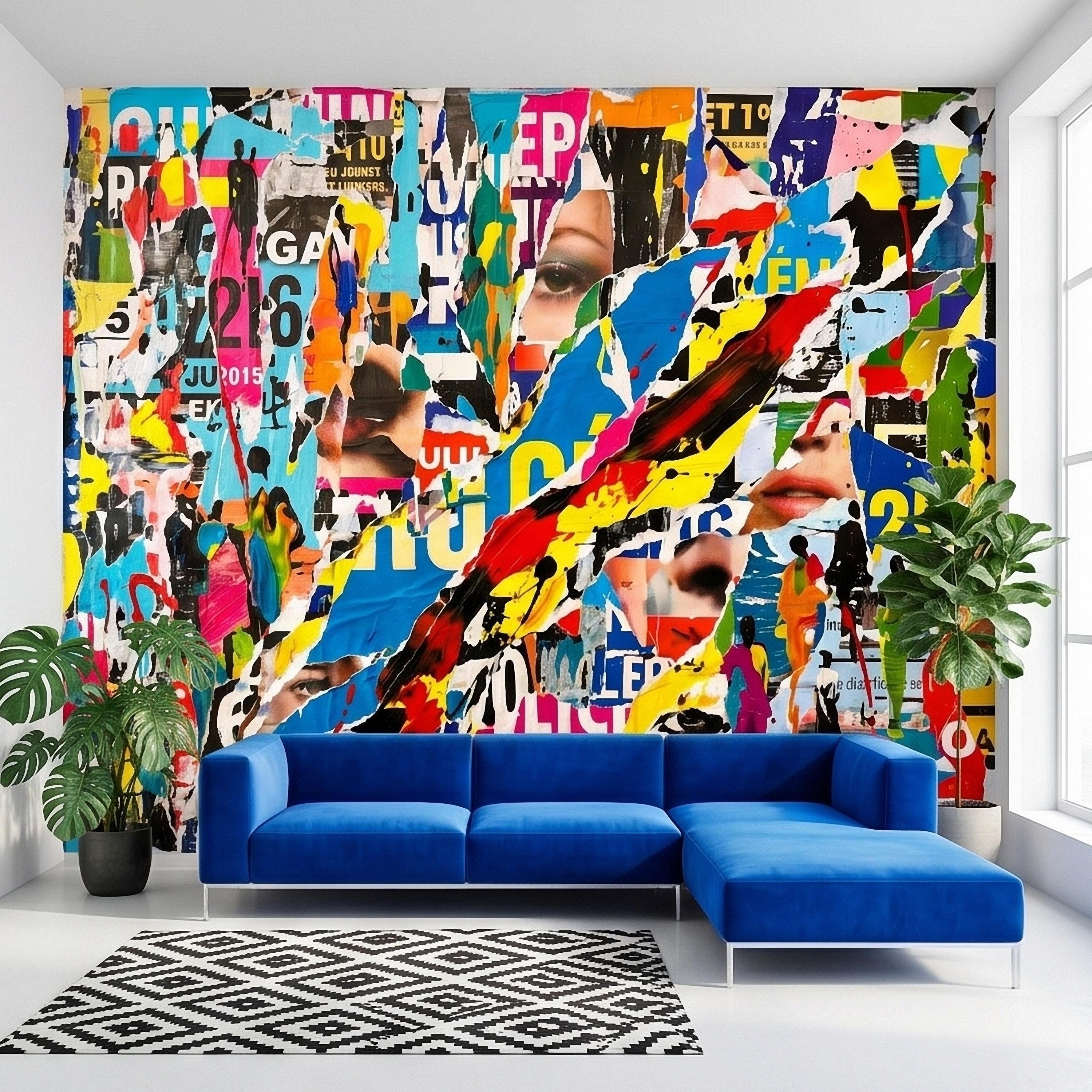 Street Art Torn Poster Collage Peel and Stick Wall Mural, Colorful Ripped Paper Pop Art Faces and Graffiti Layers, Urban Statement Wallpaper