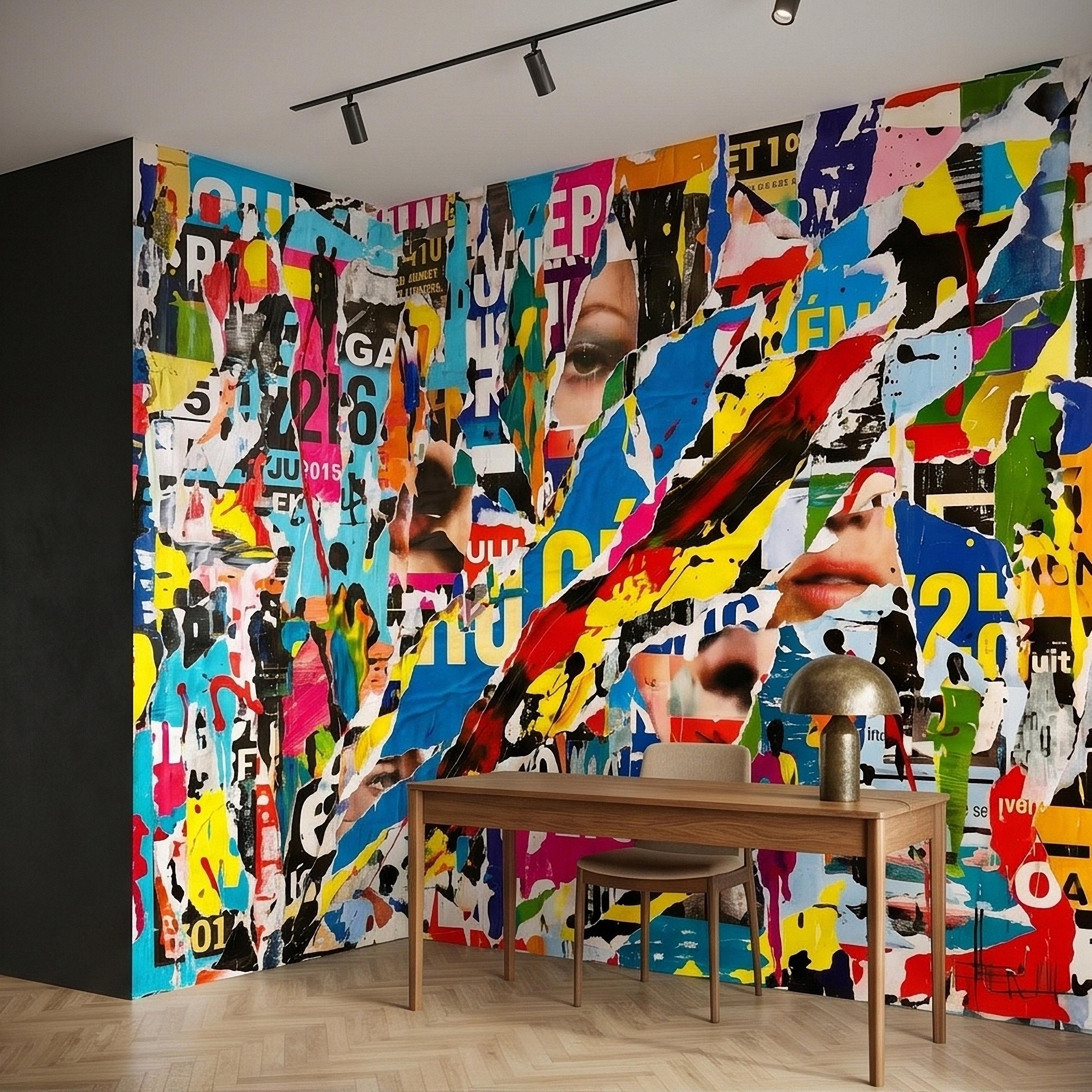 Street Art Torn Poster Collage Peel and Stick Wall Mural, Colorful Ripped Paper Pop Art Faces and Graffiti Layers, Urban Statement Wallpaper