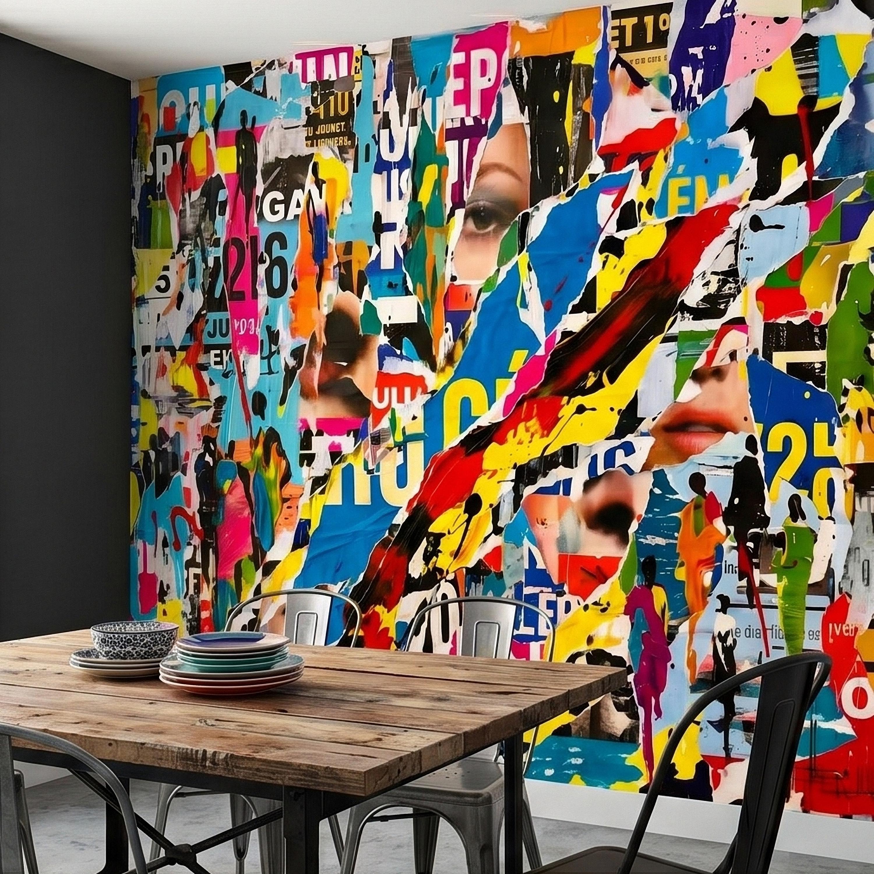 Street Art Torn Poster Collage Peel and Stick Wall Mural, Colorful Ripped Paper Pop Art Faces and Graffiti Layers, Urban Statement Wallpaper