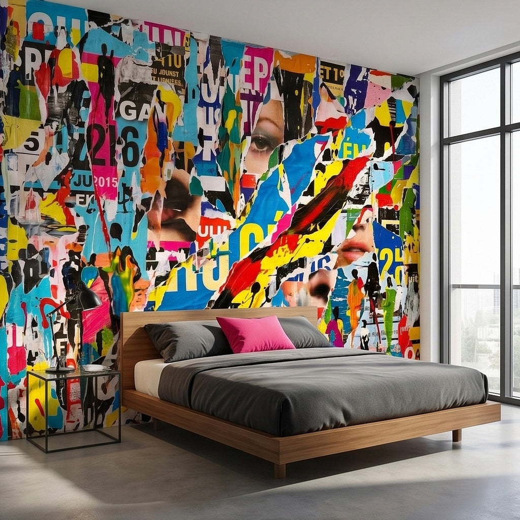 Street Art Torn Poster Collage Peel and Stick Wall Mural, Colorful Ripped Paper Pop Art Faces and Graffiti Layers, Urban Statement Wallpaper