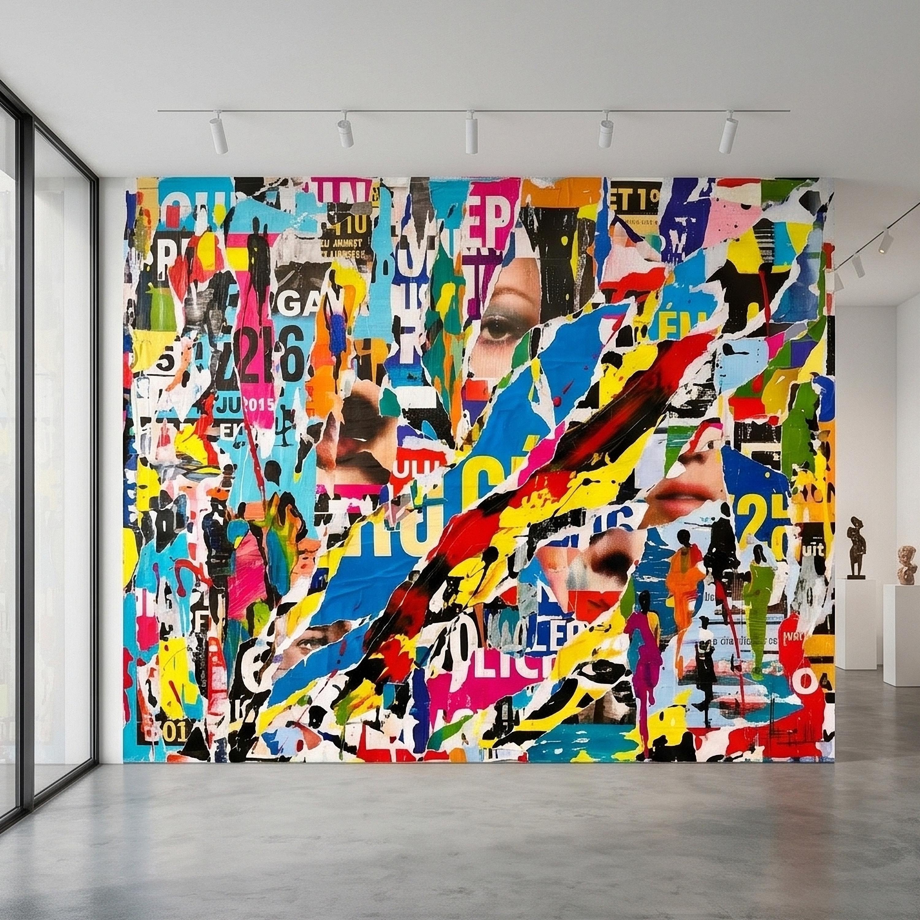 Street Art Torn Poster Collage Peel and Stick Wall Mural, Colorful Ripped Paper Pop Art Faces and Graffiti Layers, Urban Statement Wallpaper