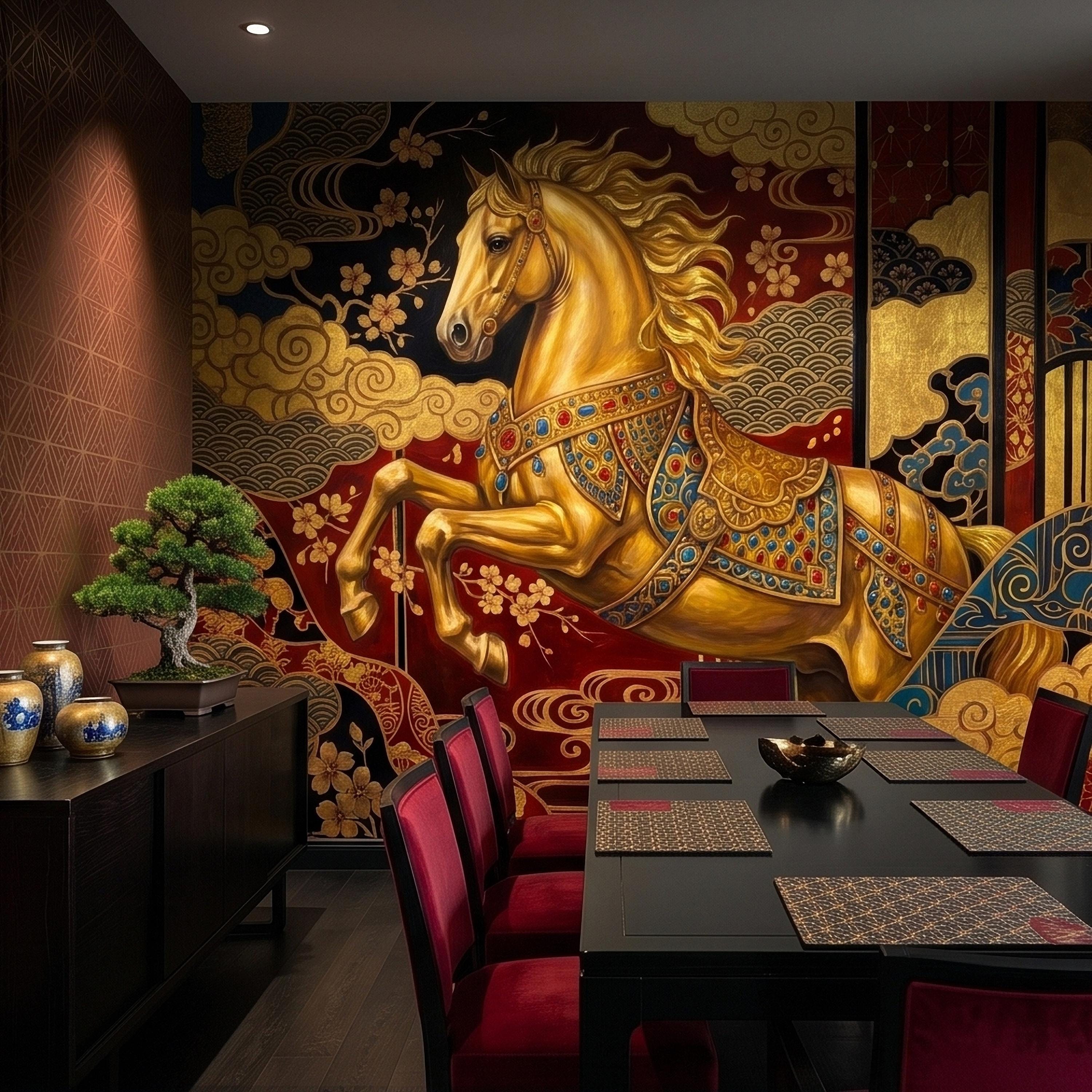 Japanese Golden Horse Peel and Stick Wall Mural, Ornate Kimono Style Asian Folding Screen Art, Sakura Blossoms, Clouds and Waves Wallpaper