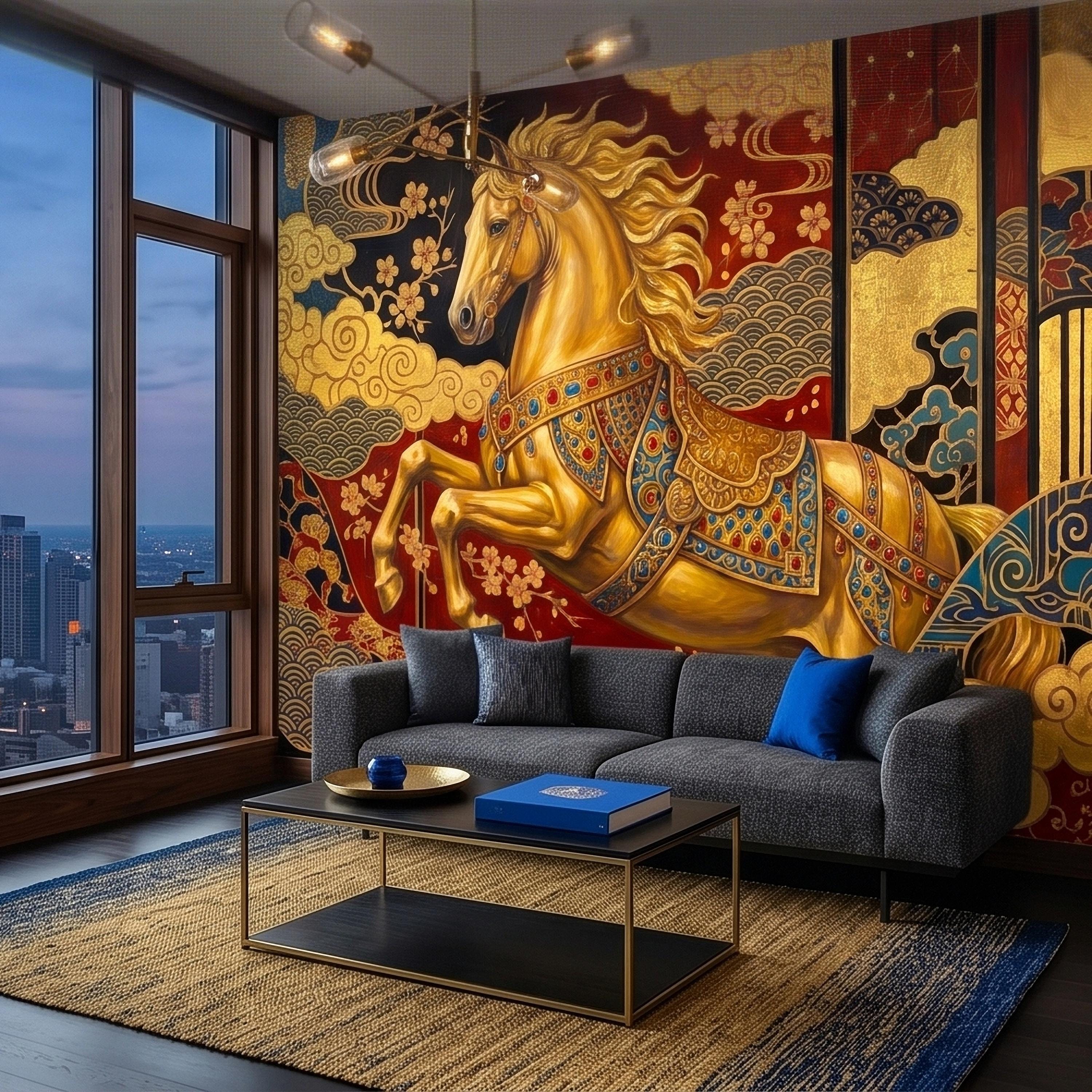 Japanese Golden Horse Peel and Stick Wall Mural, Ornate Kimono Style Asian Folding Screen Art, Sakura Blossoms, Clouds and Waves Wallpaper