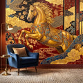 Japanese Golden Horse Peel and Stick Wall Mural, Ornate Kimono Style Asian Folding Screen Art, Sakura Blossoms, Clouds and Waves Wallpaper