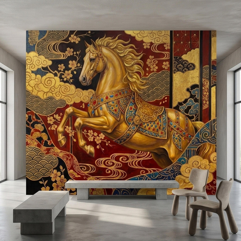 Japanese Golden Horse Peel and Stick Wall Mural, Ornate Kimono Style Asian Folding Screen Art, Sakura Blossoms, Clouds and Waves Wallpaper