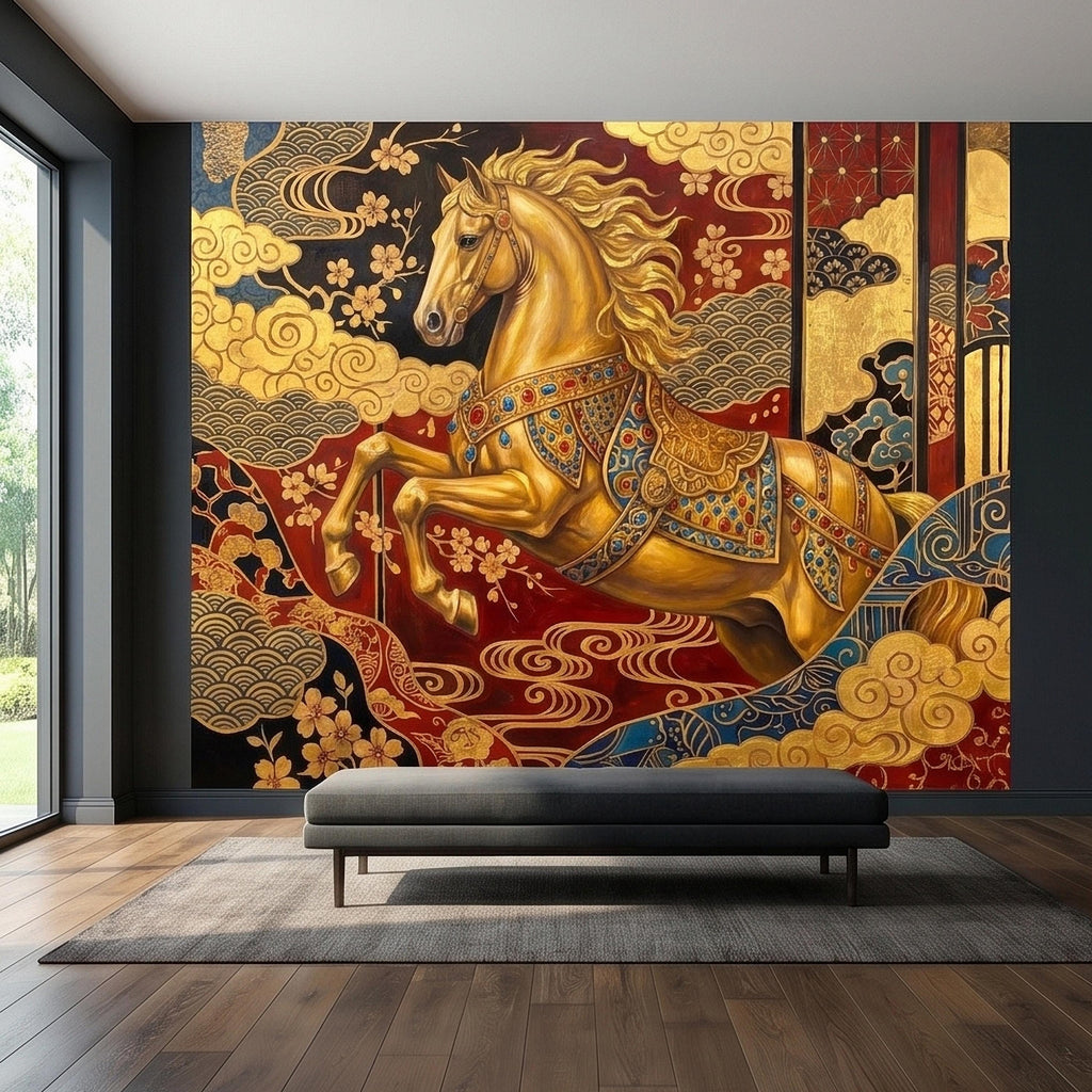Japanese Golden Horse Peel and Stick Wall Mural, Ornate Kimono Style Asian Folding Screen Art, Sakura Blossoms, Clouds and Waves Wallpaper