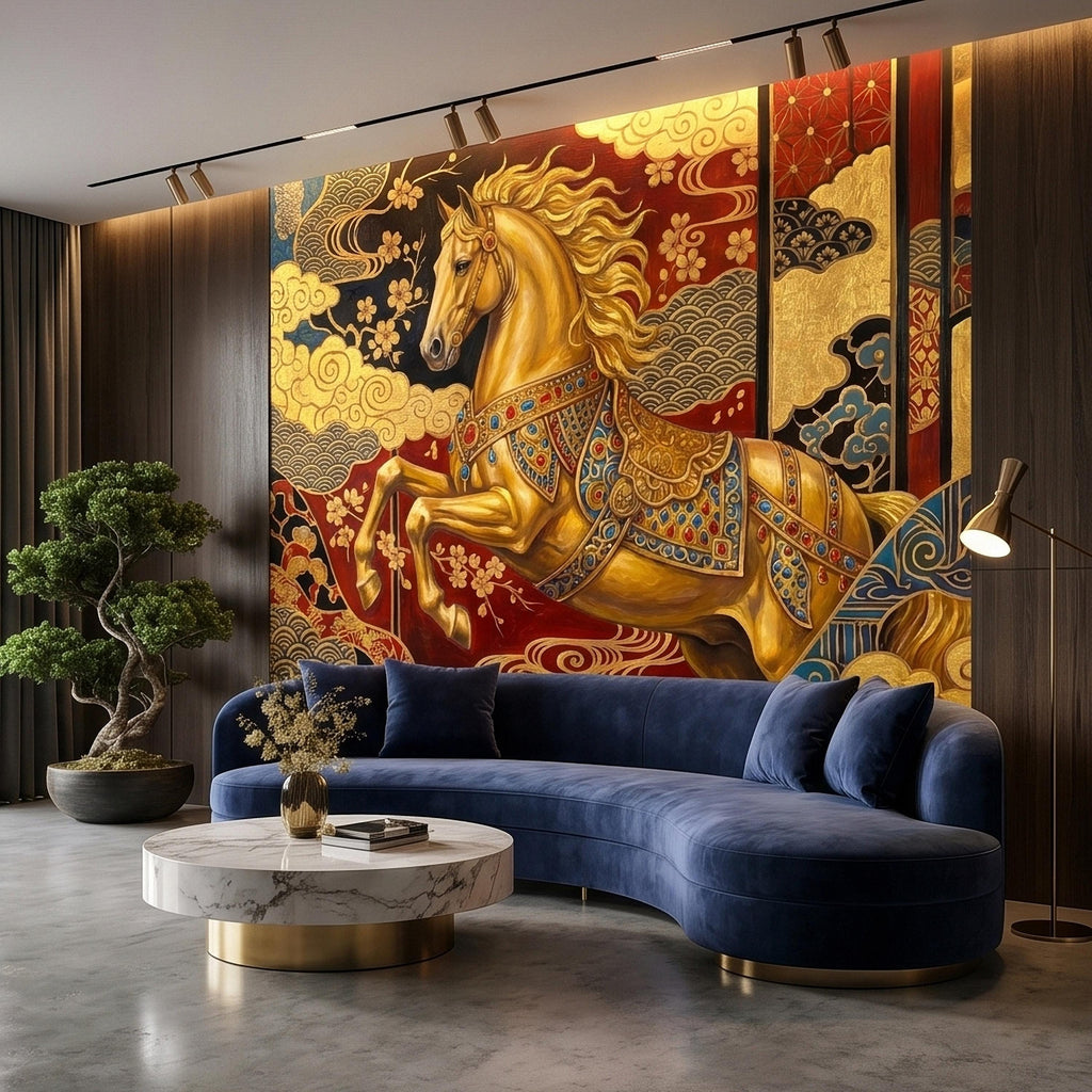 Japanese Golden Horse Peel and Stick Wall Mural, Ornate Kimono Style Asian Folding Screen Art, Sakura Blossoms, Clouds and Waves Wallpaper