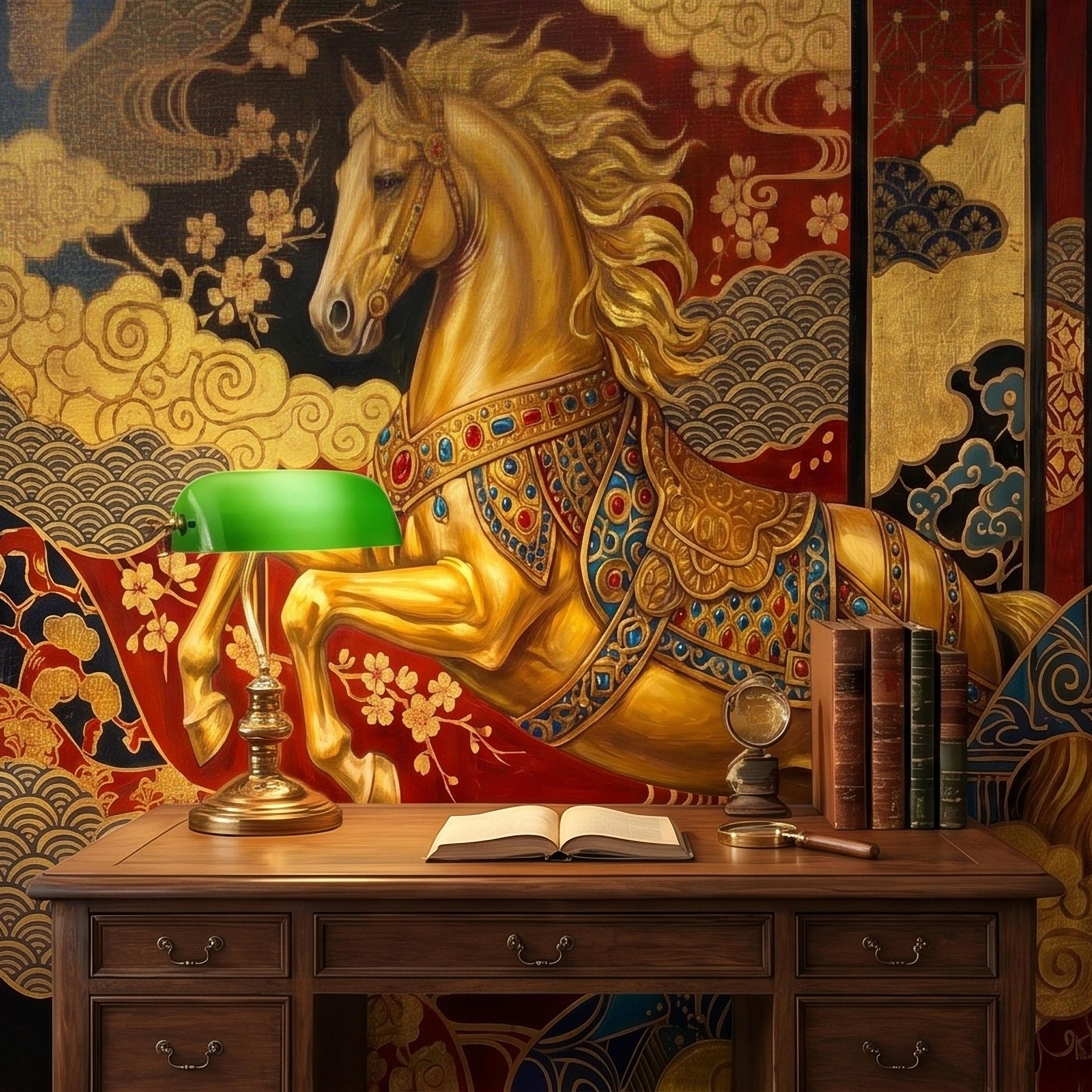 Japanese Golden Horse Peel and Stick Wall Mural, Ornate Kimono Style Asian Folding Screen Art, Sakura Blossoms, Clouds and Waves Wallpaper