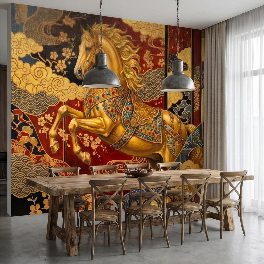 Japanese Golden Horse Peel and Stick Wall Mural, Ornate Kimono Style Asian Folding Screen Art, Sakura Blossoms, Clouds and Waves Wallpaper