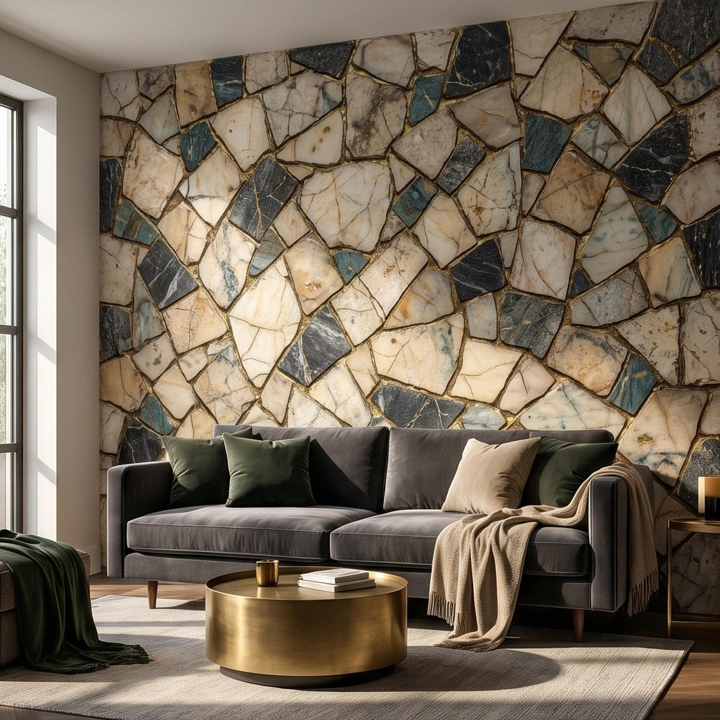 Kintsugi Marble Mosaic Peel and Stick Wall Mural, Broken Irregular Stone Tile Patchwork Pattern, Modern Luxury Faux Marble Texture Wallpaper