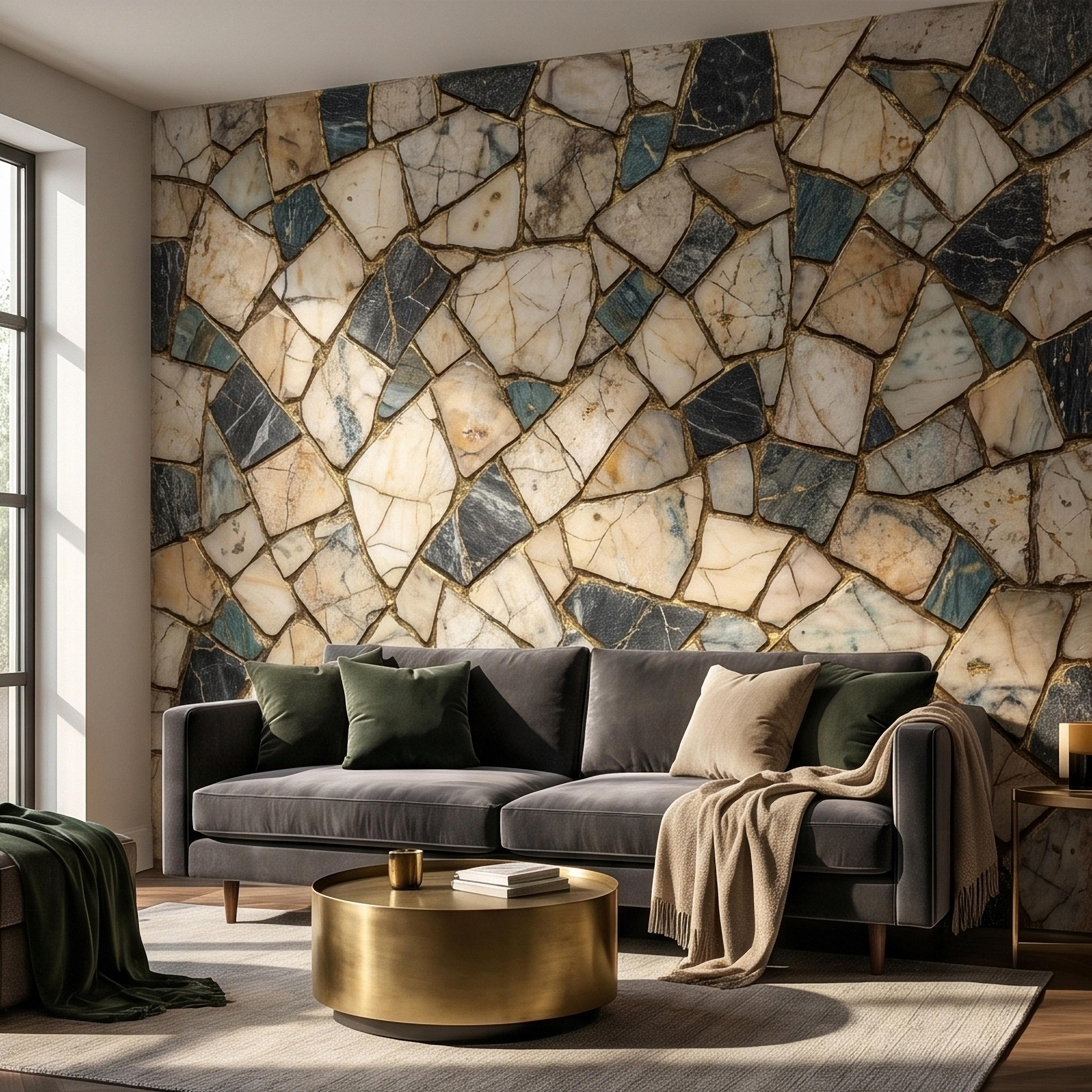 Kintsugi Marble Mosaic Peel and Stick Wall Mural, Broken Irregular Stone Tile Patchwork Pattern, Modern Luxury Faux Marble Texture Wallpaper