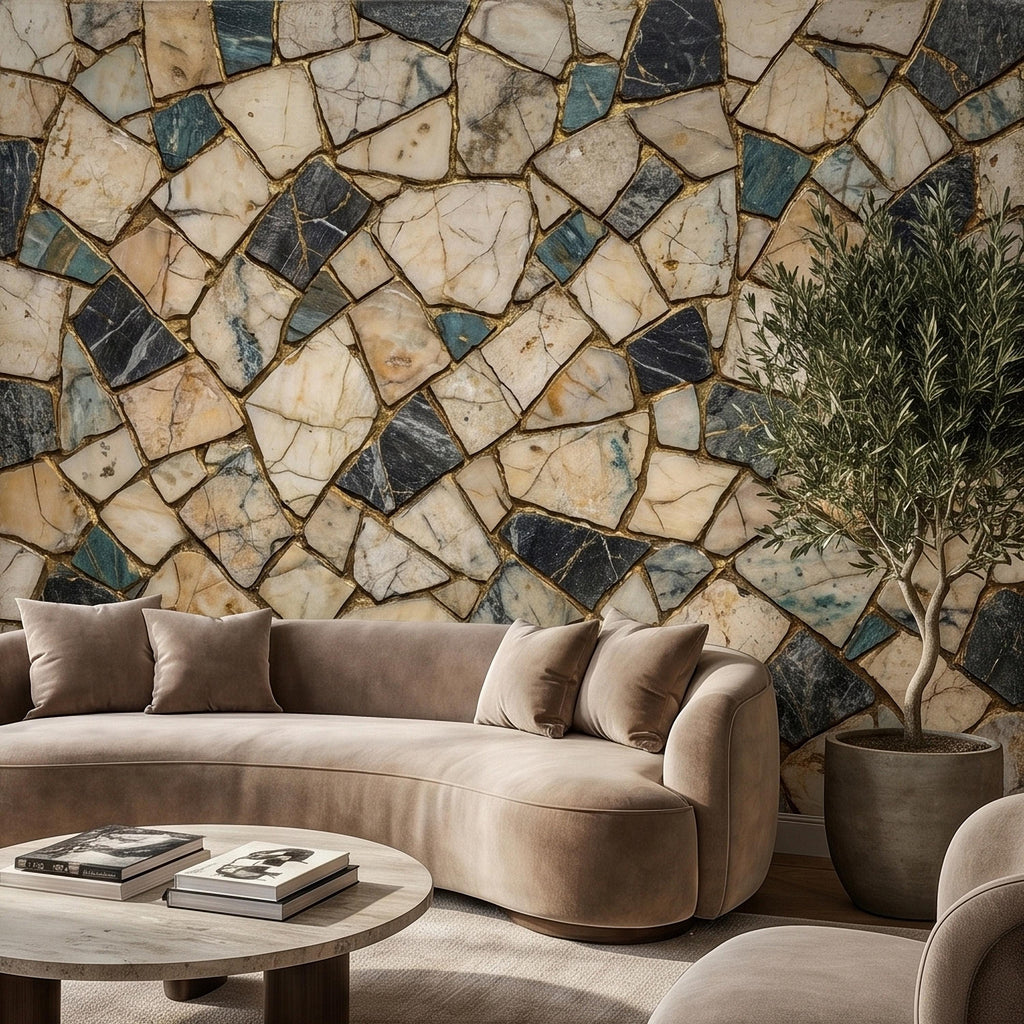 Kintsugi Marble Mosaic Peel and Stick Wall Mural, Broken Irregular Stone Tile Patchwork Pattern, Modern Luxury Faux Marble Texture Wallpaper