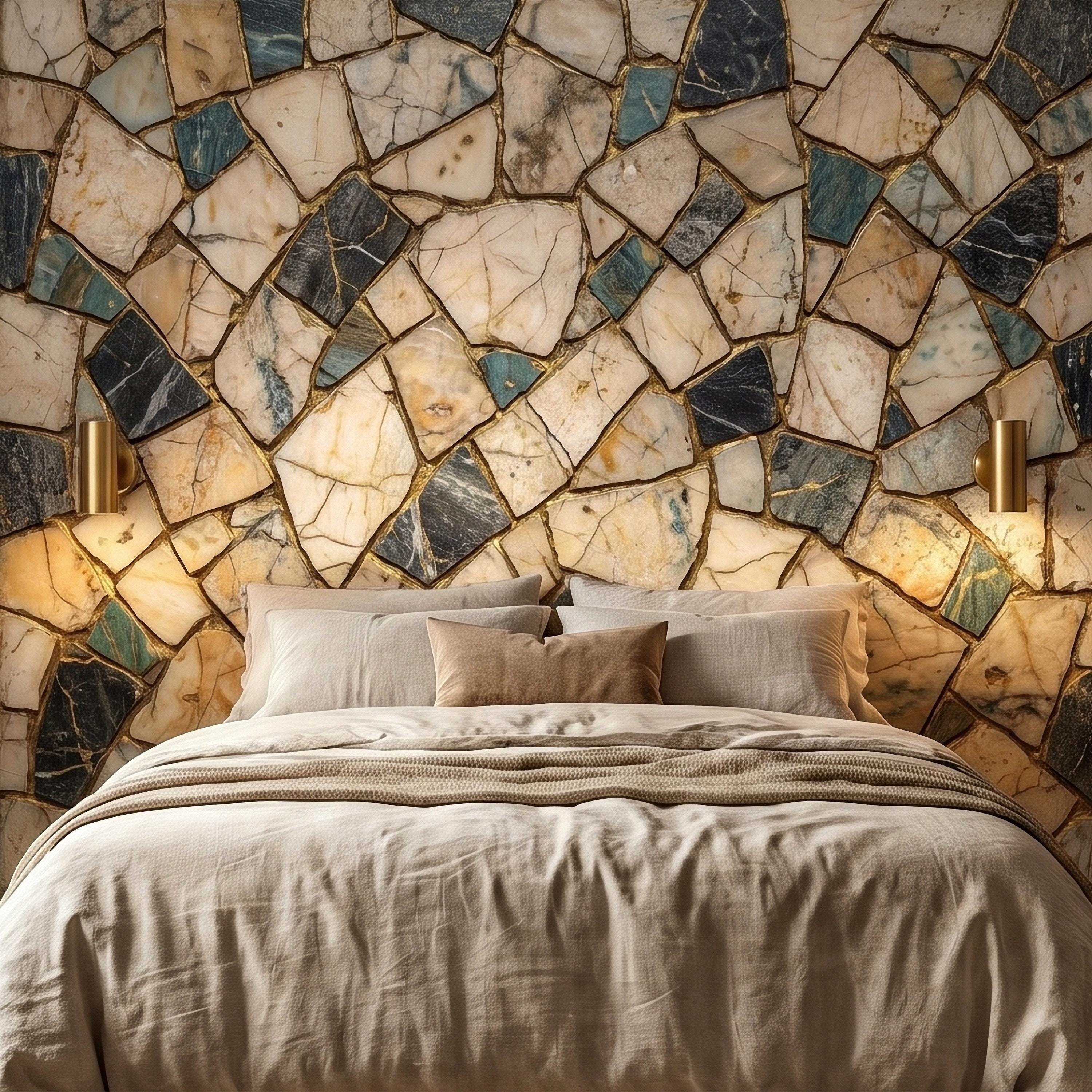 Kintsugi Marble Mosaic Peel and Stick Wall Mural, Broken Irregular Stone Tile Patchwork Pattern, Modern Luxury Faux Marble Texture Wallpaper