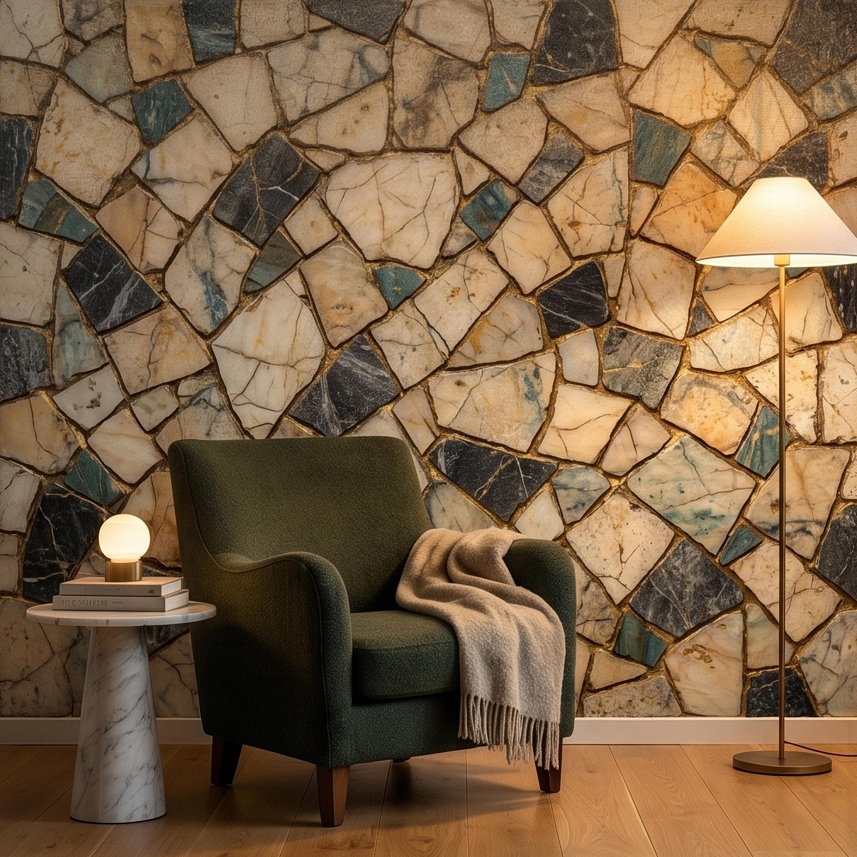 Kintsugi Marble Mosaic Peel and Stick Wall Mural, Broken Irregular Stone Tile Patchwork Pattern, Modern Luxury Faux Marble Texture Wallpaper