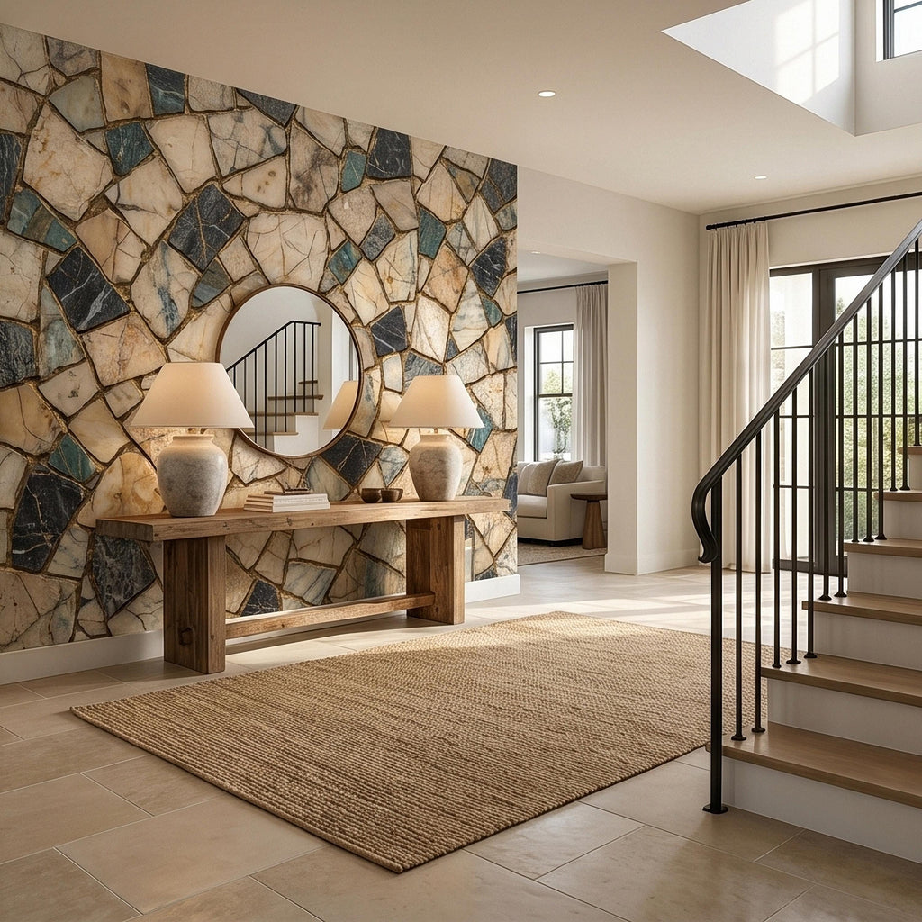 Kintsugi Marble Mosaic Peel and Stick Wall Mural, Broken Irregular Stone Tile Patchwork Pattern, Modern Luxury Faux Marble Texture Wallpaper