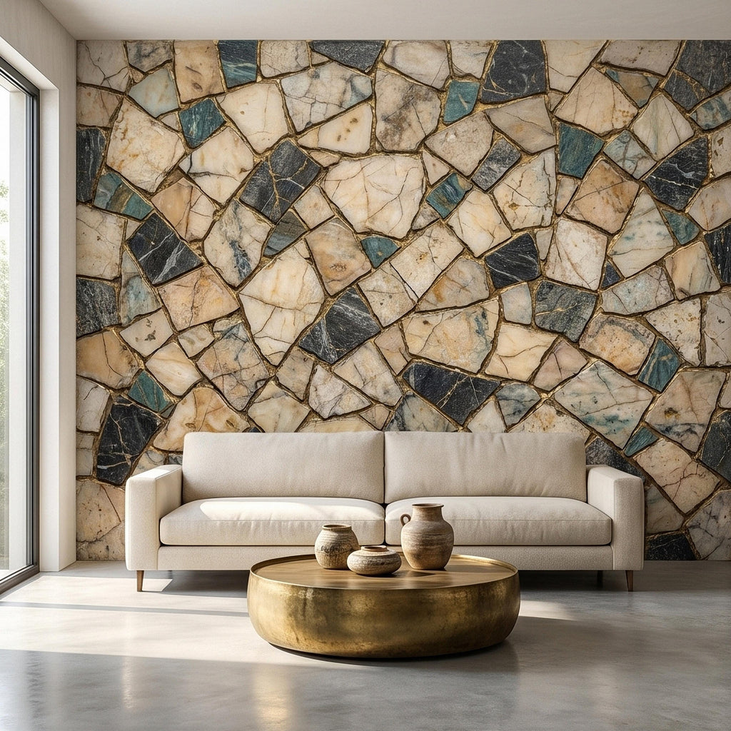 Kintsugi Marble Mosaic Peel and Stick Wall Mural, Broken Irregular Stone Tile Patchwork Pattern, Modern Luxury Faux Marble Texture Wallpaper
