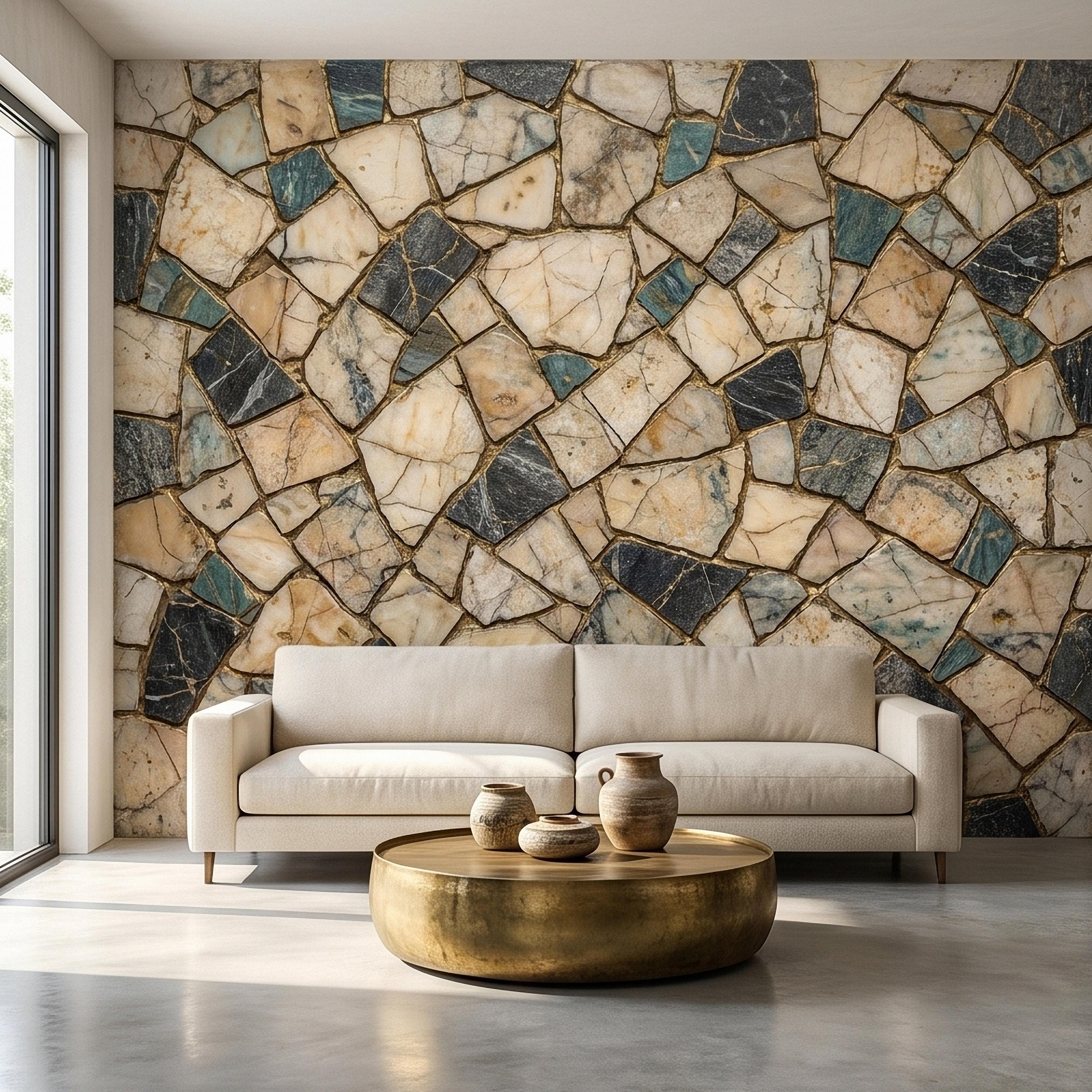 Kintsugi Marble Mosaic Peel and Stick Wall Mural, Broken Irregular Stone Tile Patchwork Pattern, Modern Luxury Faux Marble Texture Wallpaper